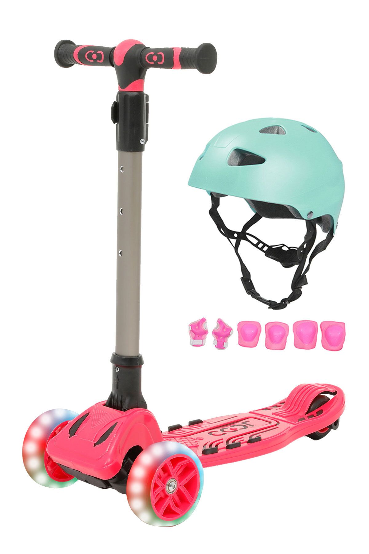 Cool Wheels Maxi Işıklı Katlanır Scooter Pembe,Turkuaz Kask Pembe Dizlik Dirseklik Setli 6-8 Yaş