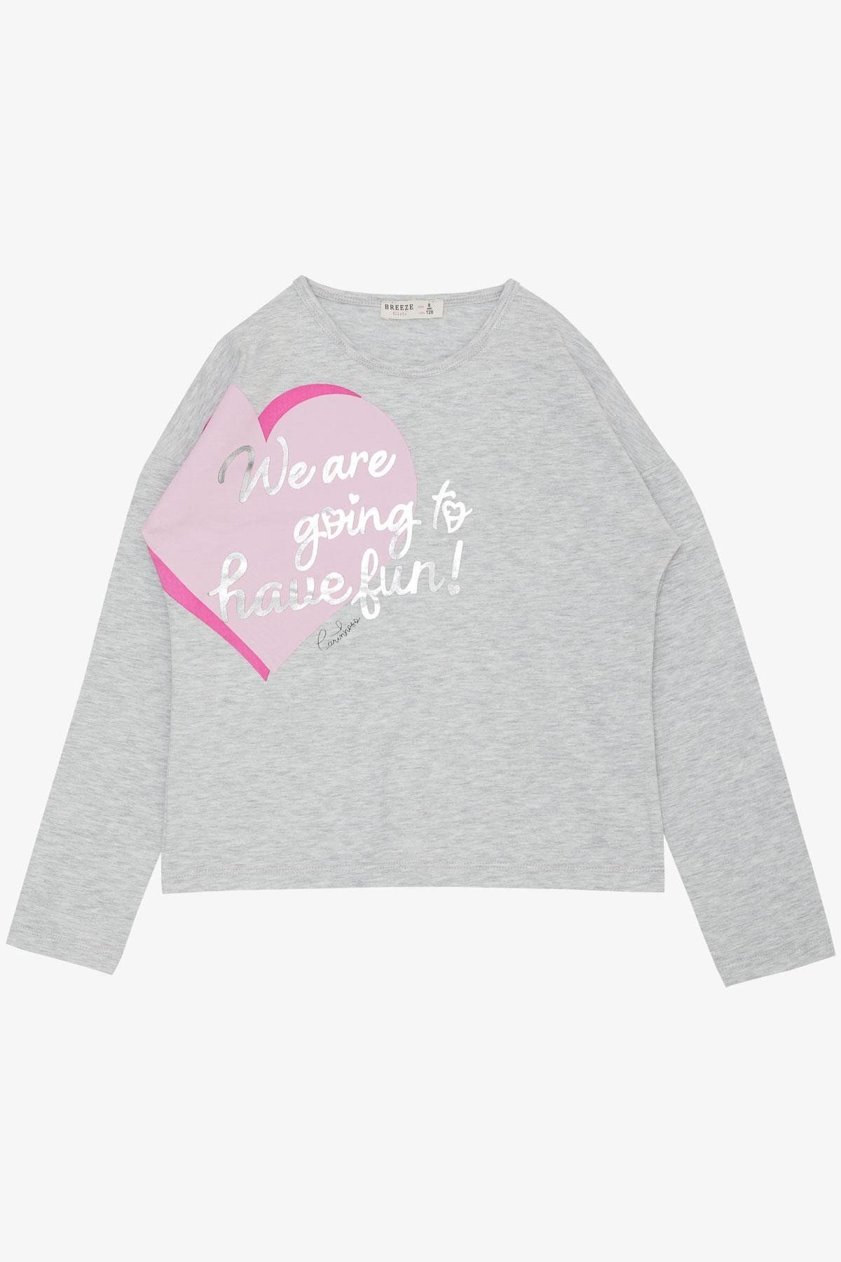 Breeze-Girl's Long Sleeve T-Shirt Gilded Text Printed Heart 6-12 Years, Light Gray Melange 5