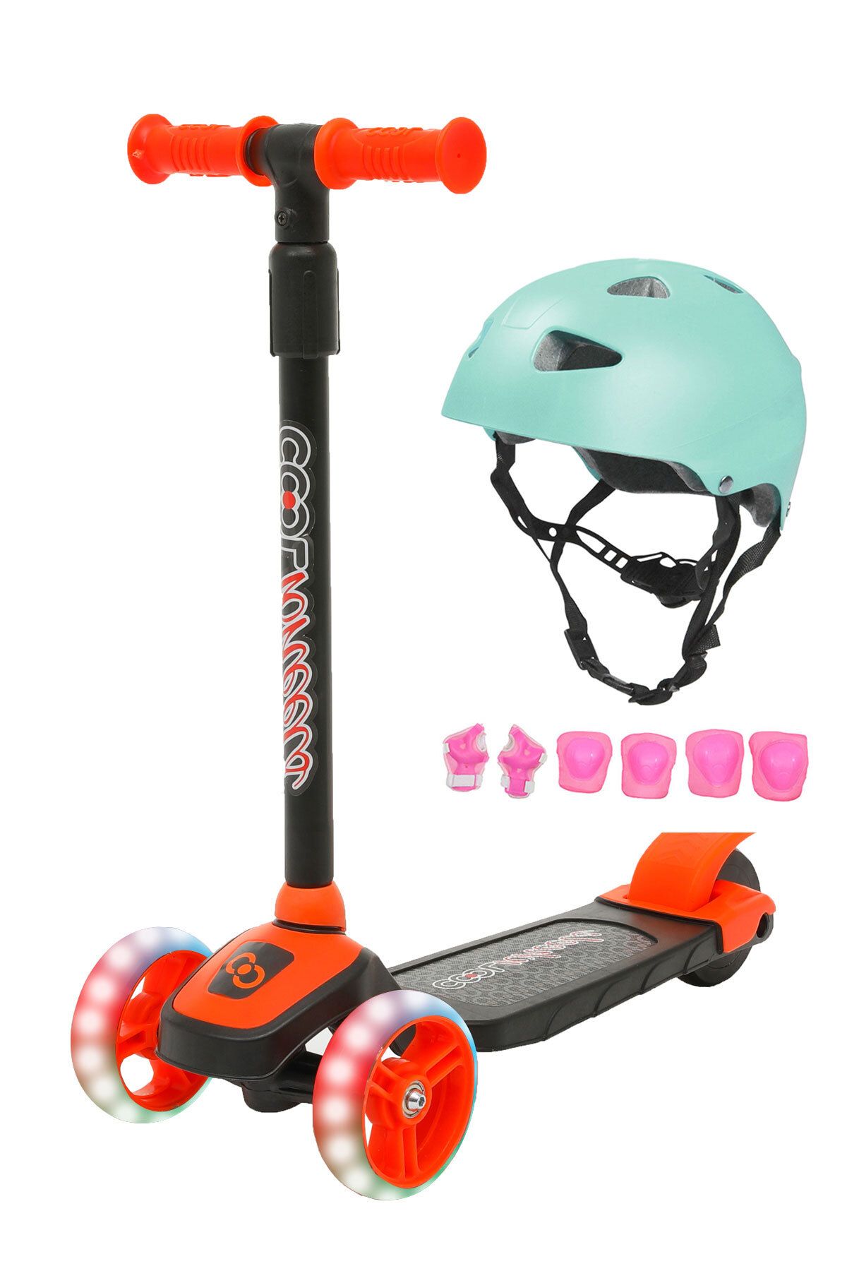 Cool Wheels Twist Işıklı Scooter Turuncu,Turkuaz Kask Pembe Dizlik Dirseklik Setli 3-6 Yaş