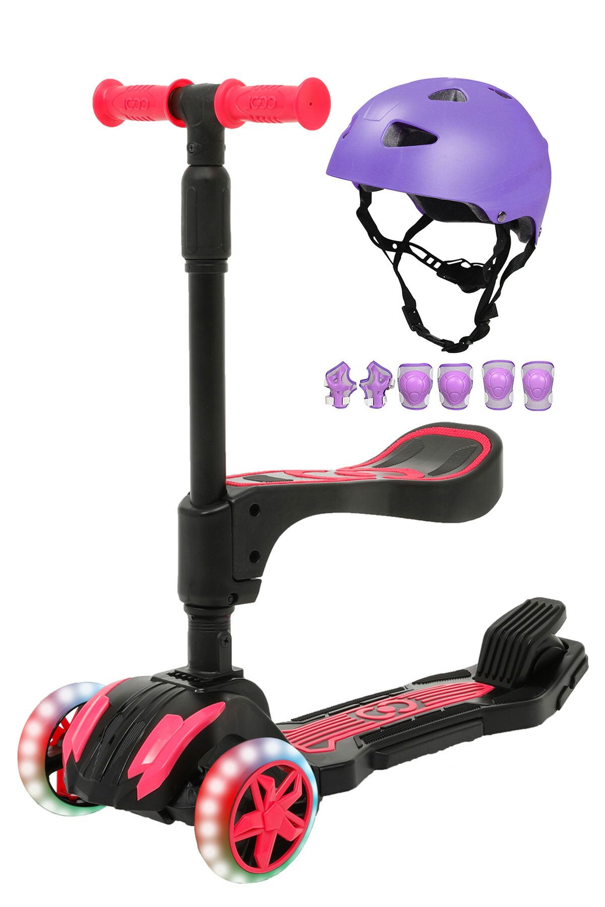 Cool Wheels Combo Işıklı Oturaklı Katlanır Scooter Pembe, Lila Kask Dizlik Dirseklik Setli 3-7 Yaş