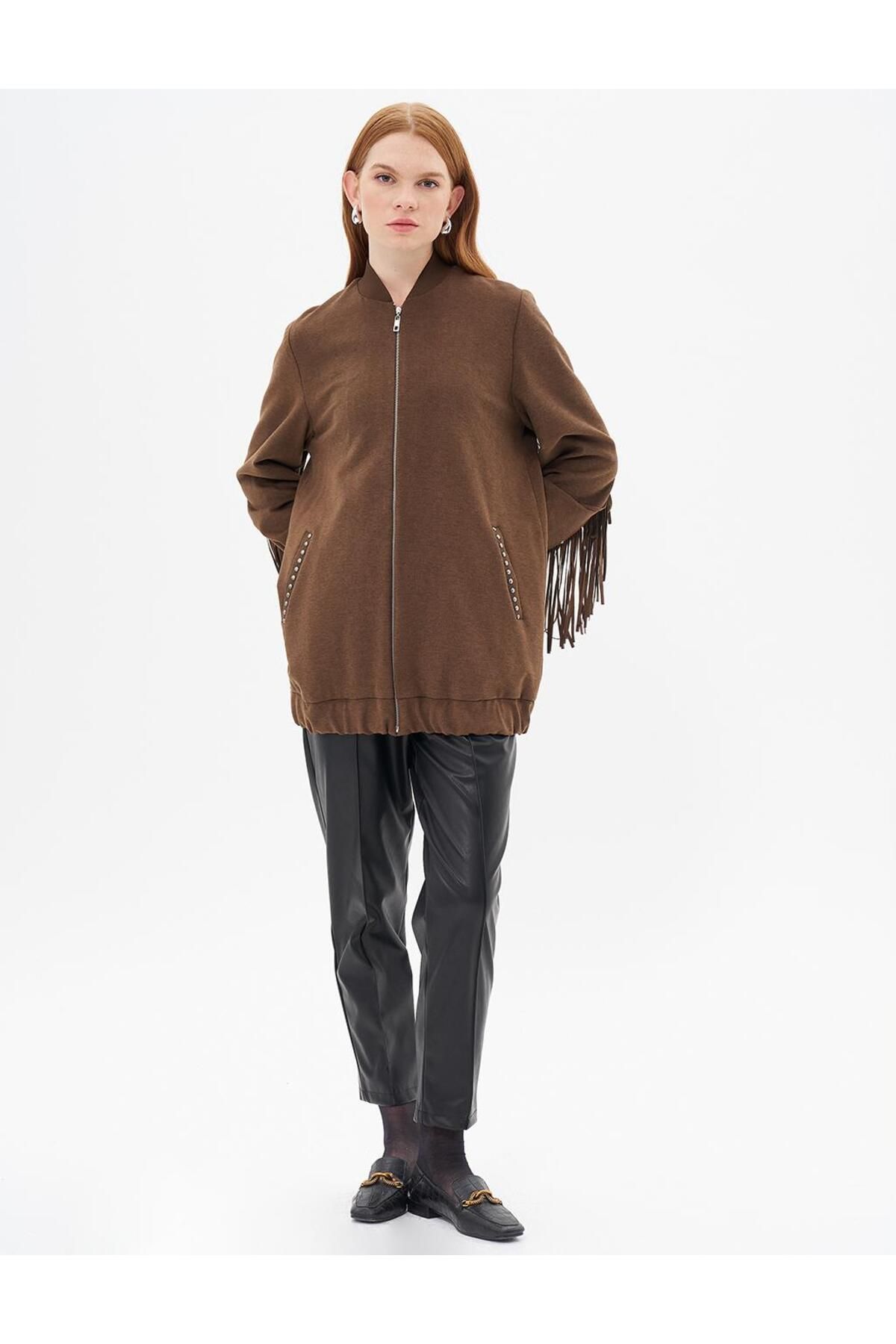 Kayra-Suede Jacket with Tassel Detail on the Back Brown 5