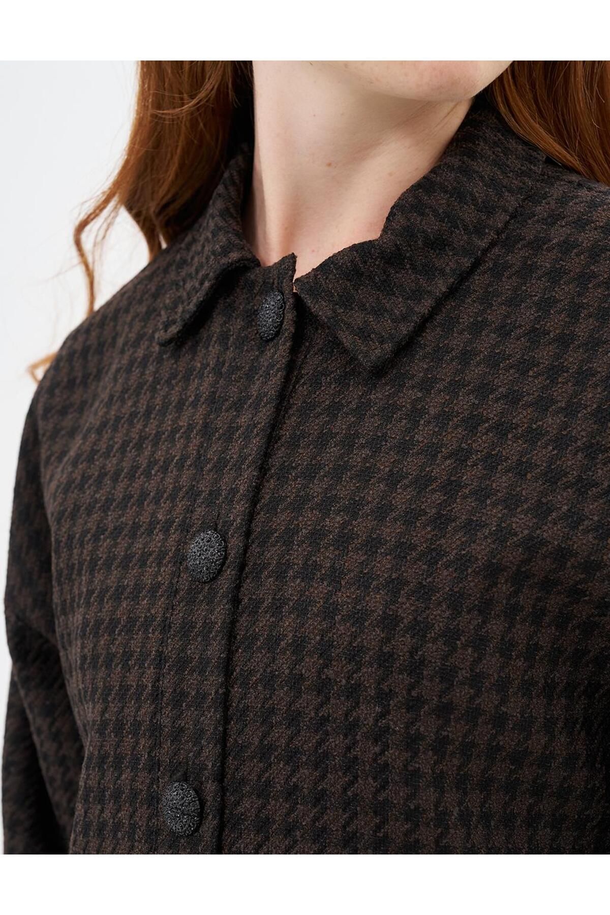 Kayra-Houndstooth Patterned Jacket with Bag Pockets - Dark Brown 8