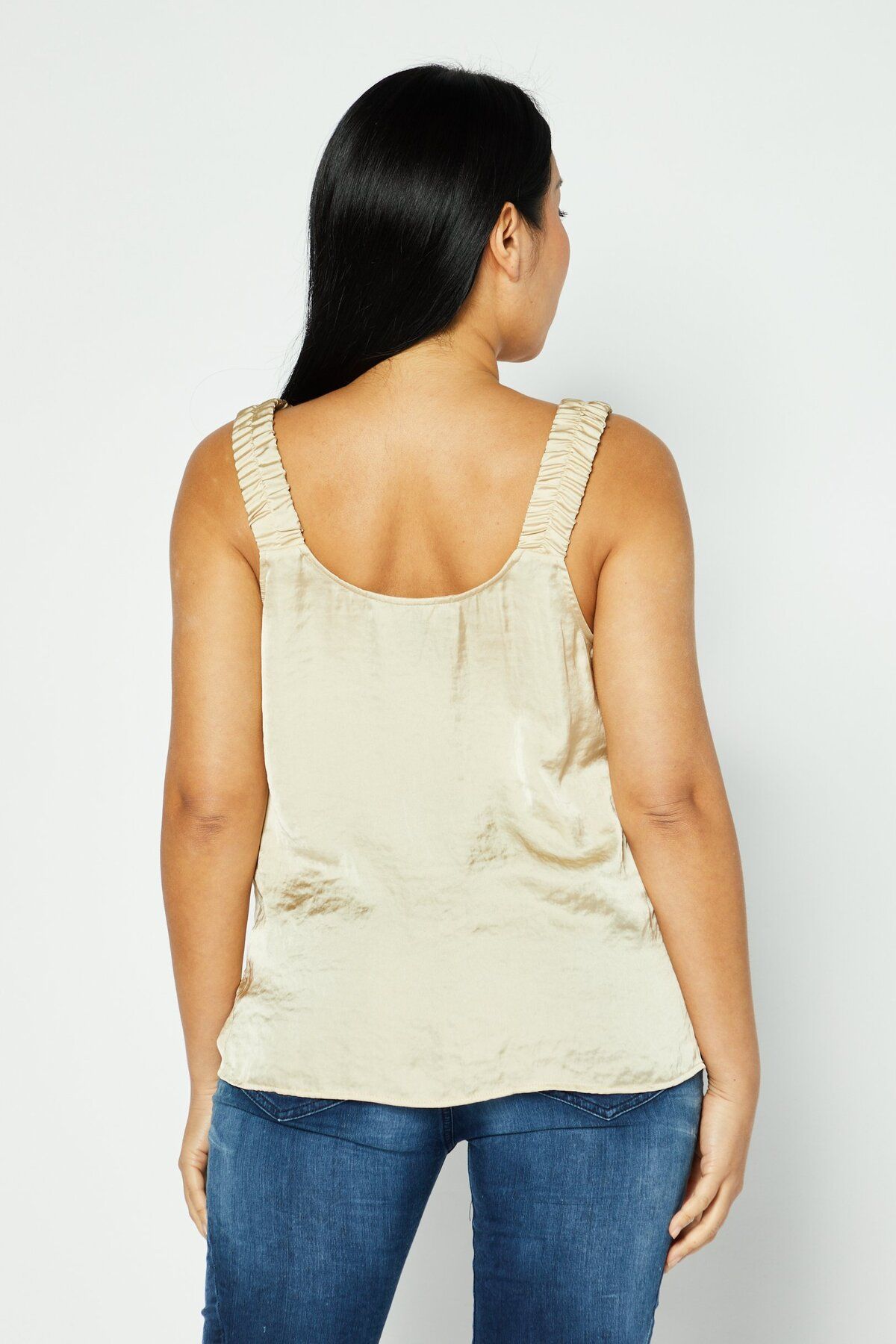 Dkny-Women V-Neck Sleeveless Plain Top, Beige 3