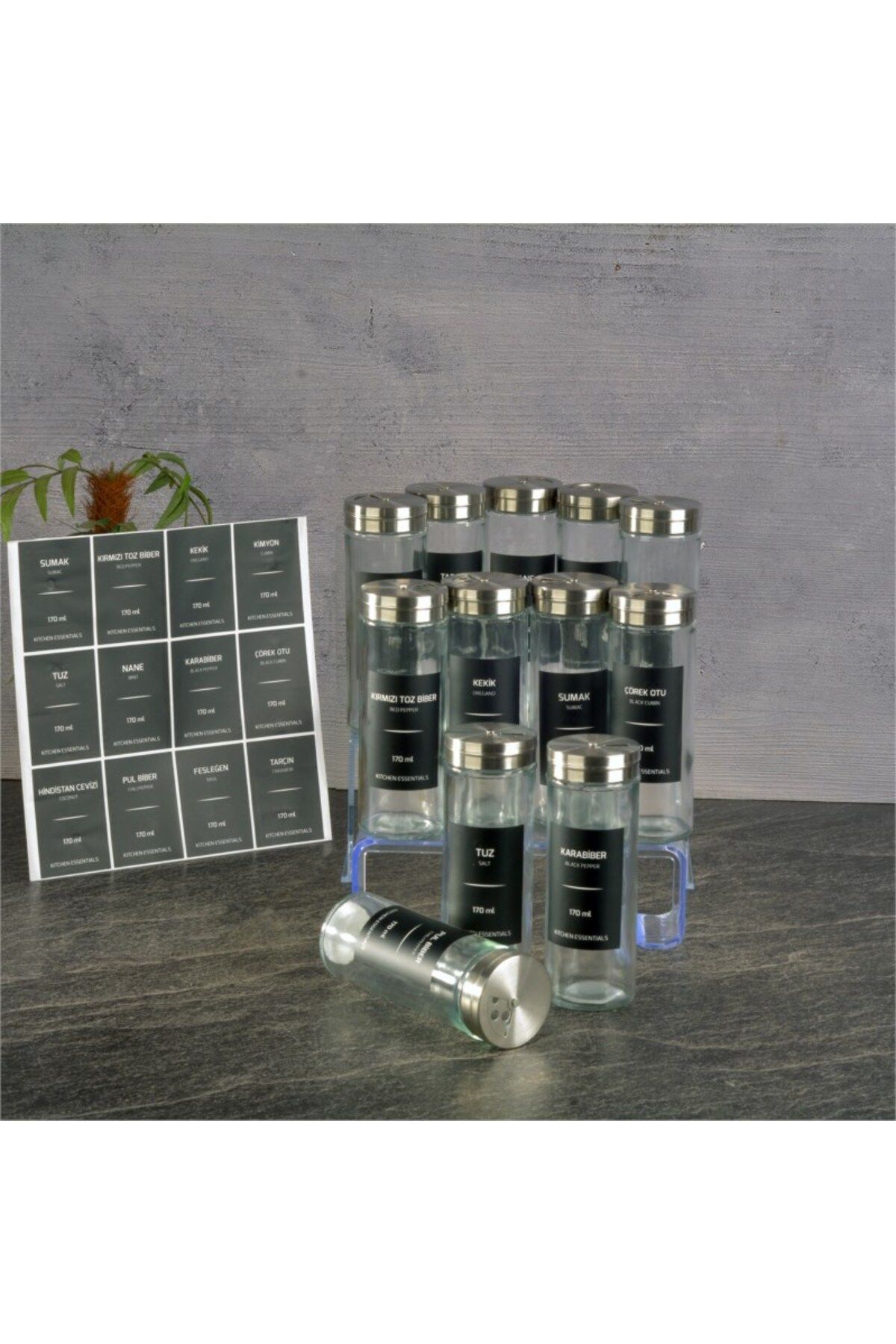 LUCKYHOMES-Set of 12 Glass Salt Shakers with Black Metal Lids - 170 Ml, 15 Spices with Gift 4