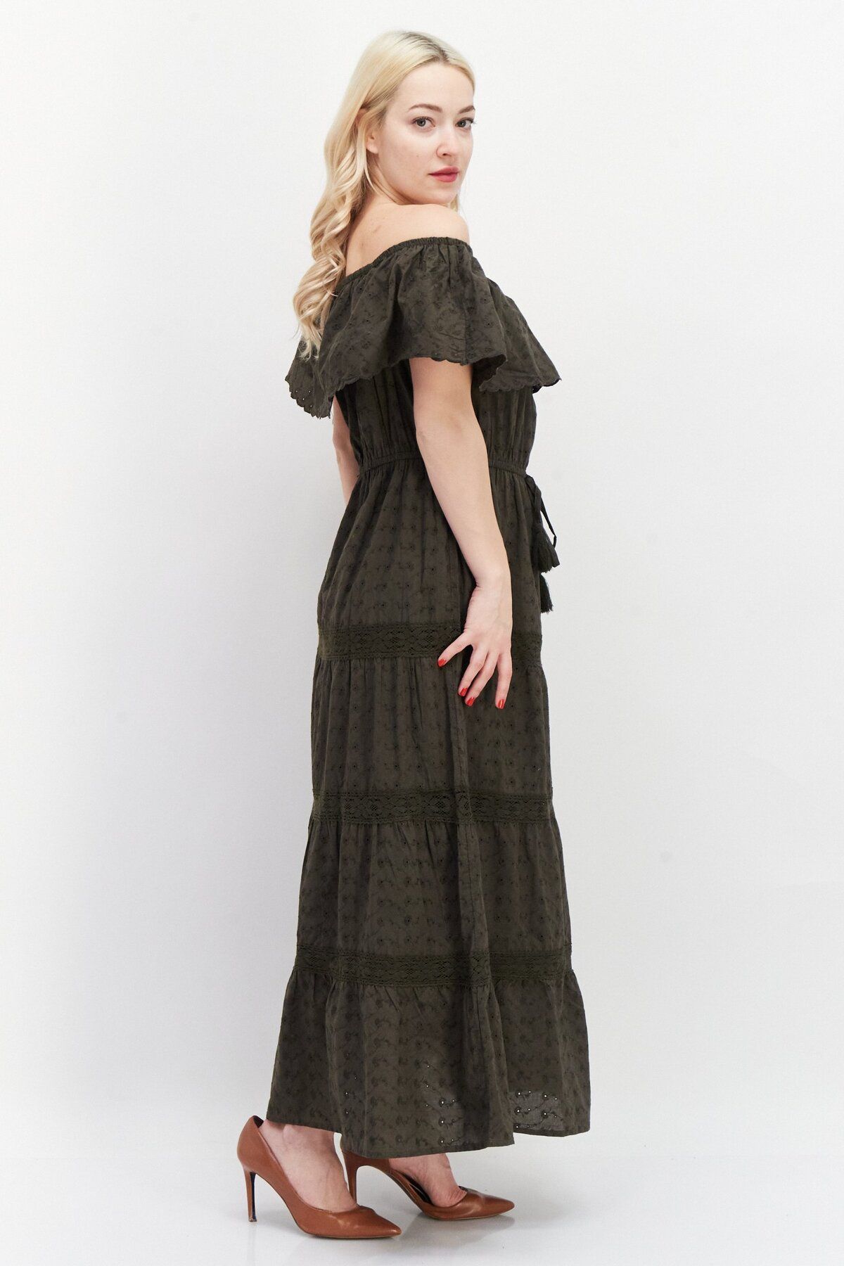 DOROTHY PERKINS-Women Textured Casual Maxi Dress, Dark Olive 2
