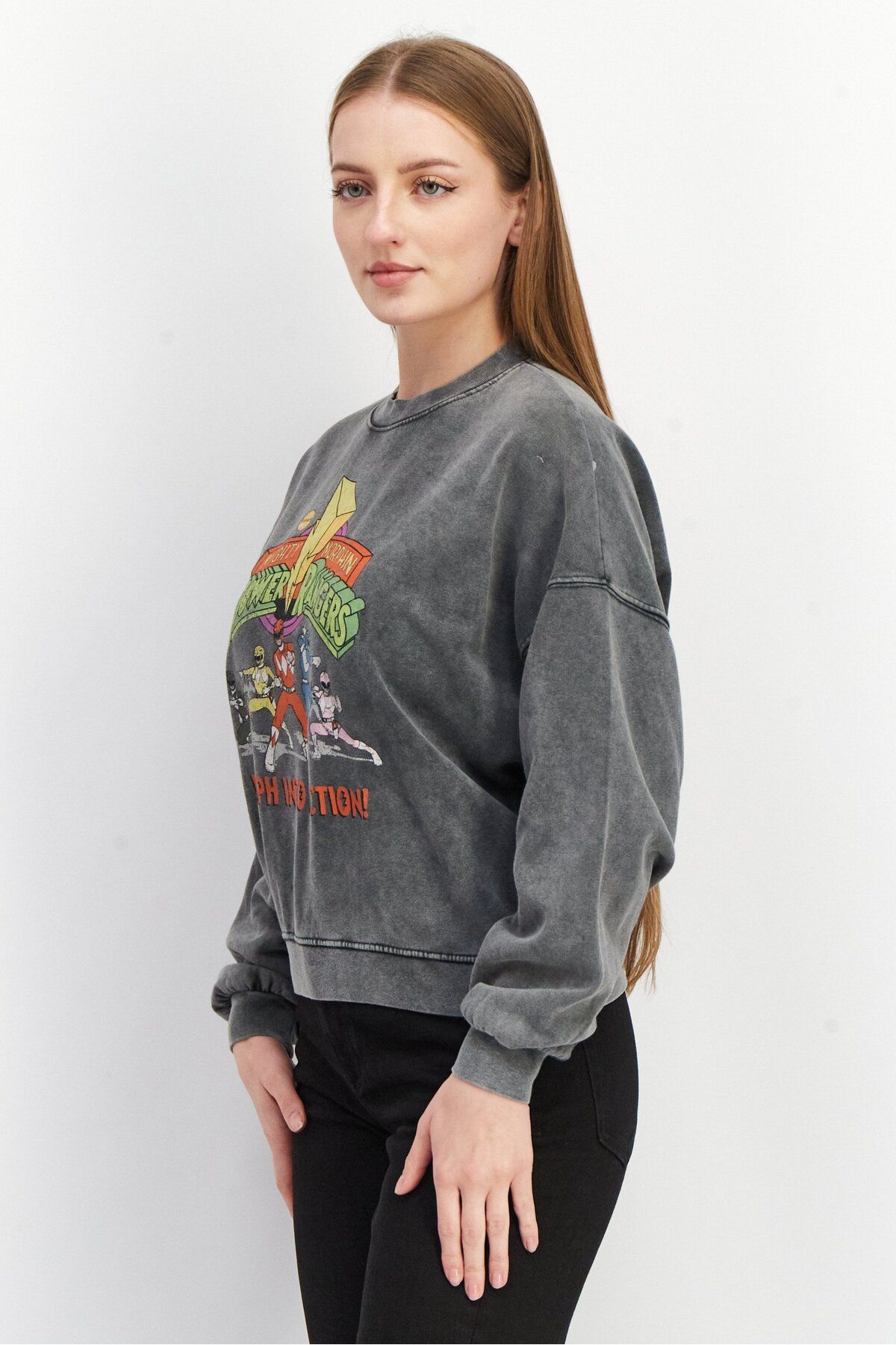 POWER RANGERS-Women Round Neck Graphic Print Sweatshirt, Grey 3