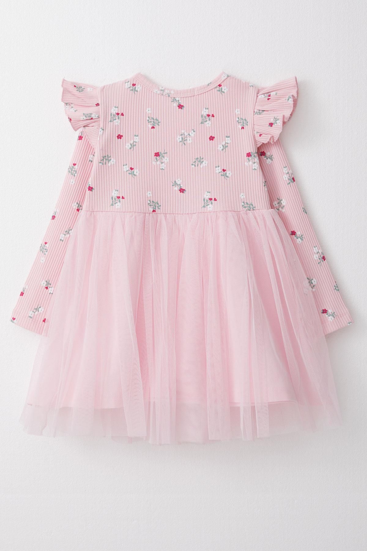 Breeze-Pink Girl's Dress - Long Sleeve, Floral Bow, Tulle, 1.5-5 Years 2