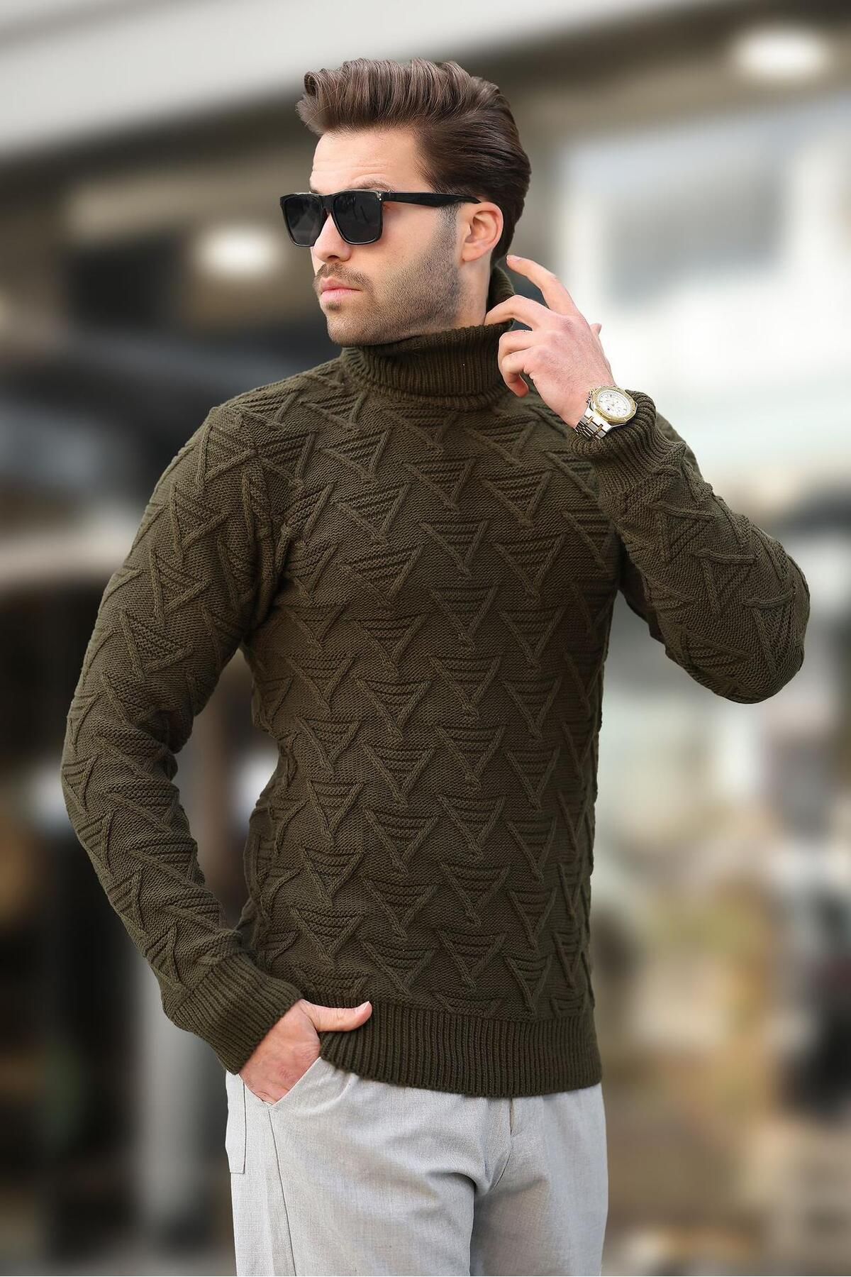 Madmext-Khaki Turtleneck Patterned Men's Sweater E7292 3