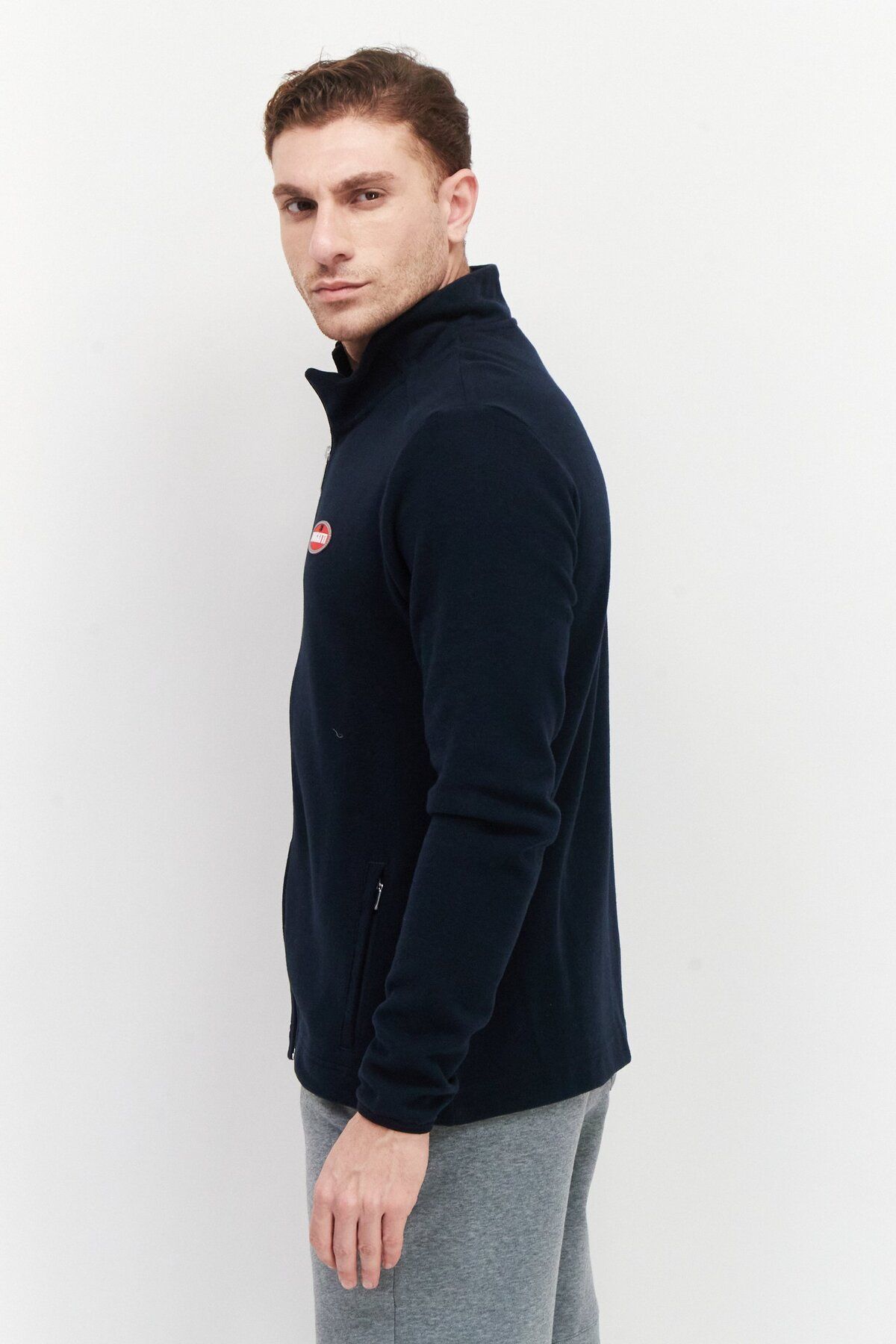 BUGATTI-Men High Neck Tetxured Full Zip Sweater, Navy 2