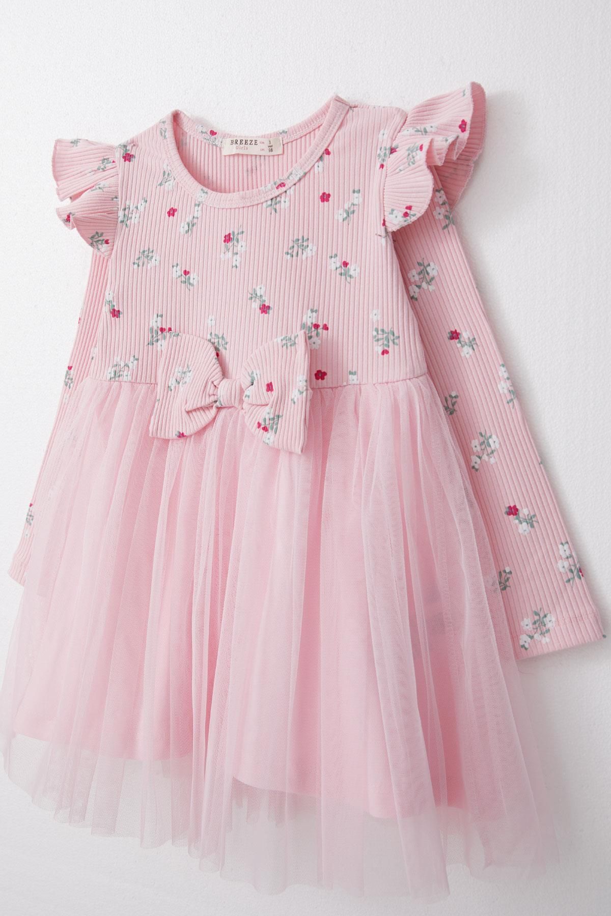 Breeze-Pink Girl's Dress - Long Sleeve, Floral Bow, Tulle, 1.5-5 Years 3