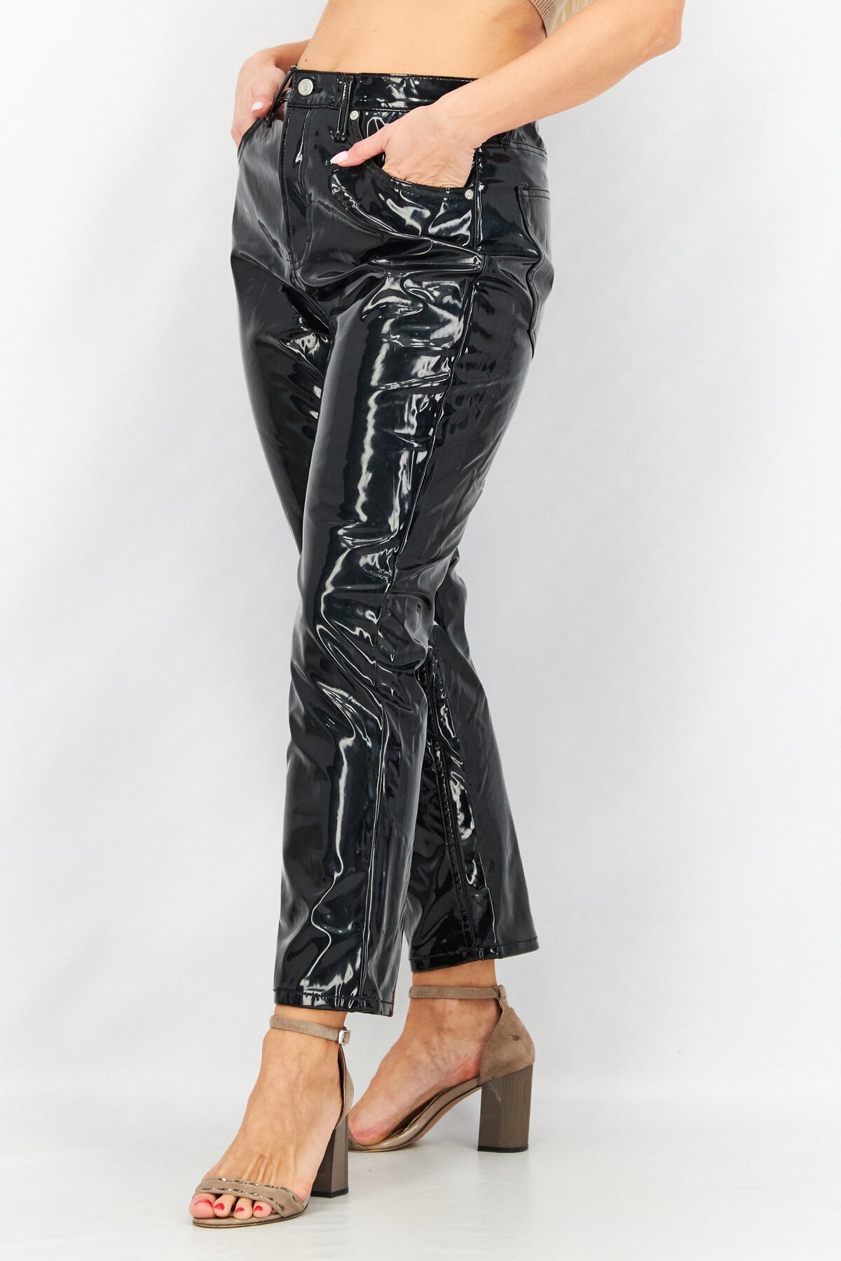 TopShop-Women Regular Fit Textured Vinyl Pants, Black 4