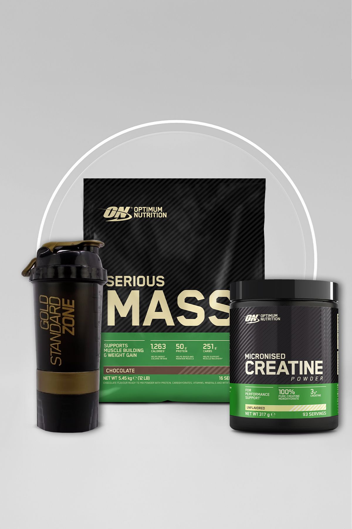 Optimum Nutrition Serious Mass Çikolata Aromalı 5.45kg 16 Servis-ON Creatine Aromasız 317g 93 Servis 2'li Set