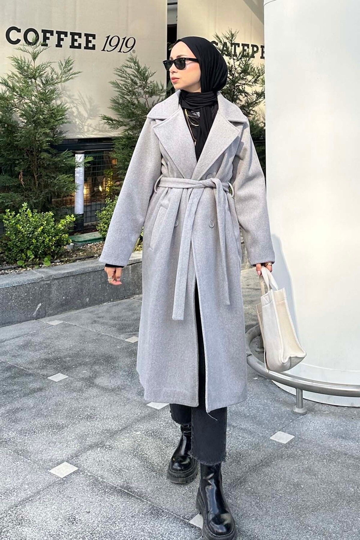 lamelif-Gray Stamp Coat - Belted and Filleted Pockets 2