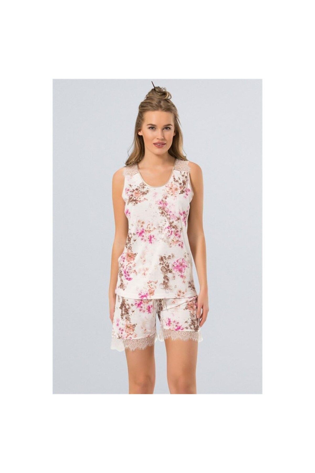 TÜREN-3266 Set pantaloni scurți floral Set pijama - maro 1