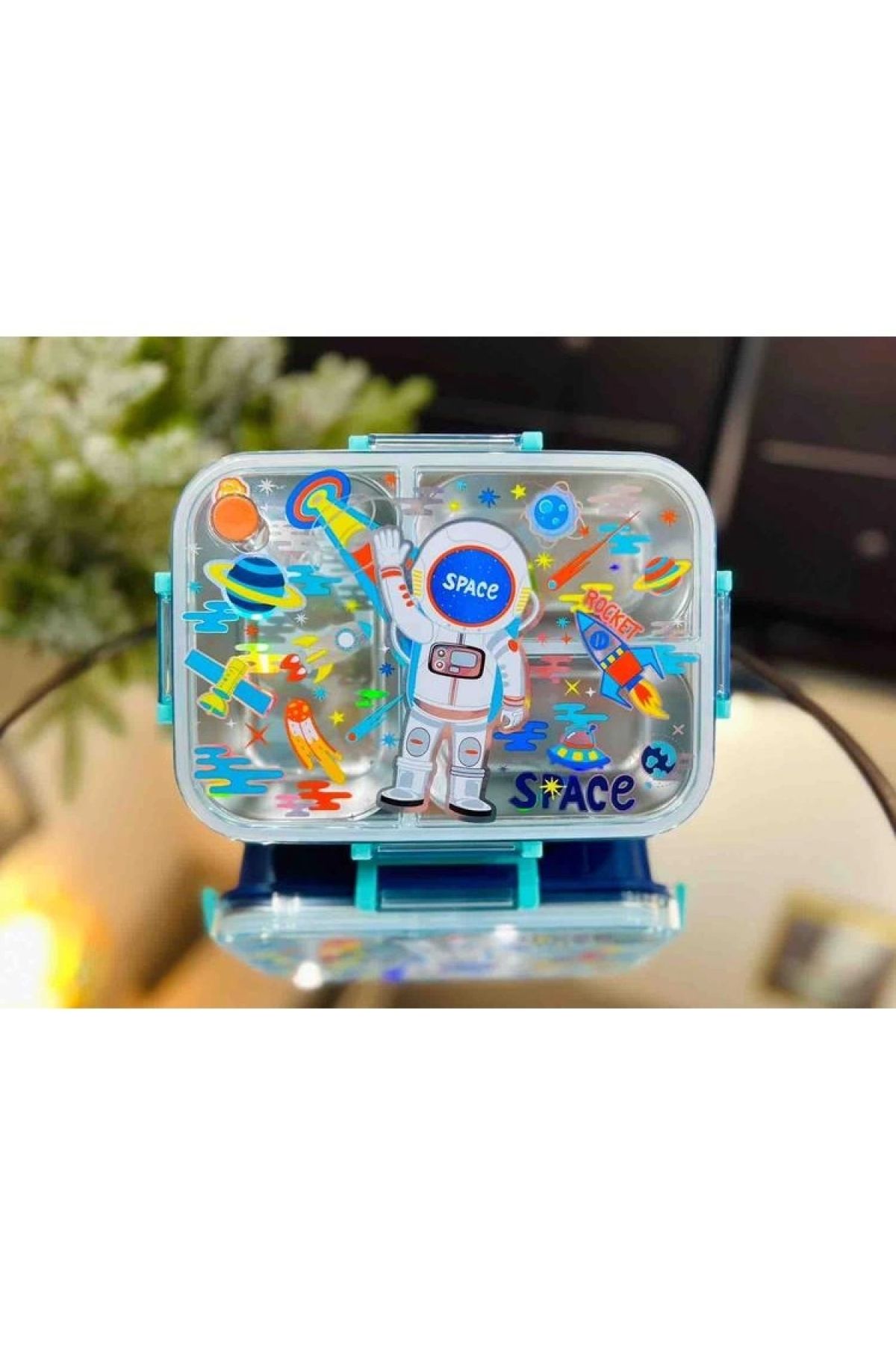 Vest Bes0007 Astronot Desenli Şeffaf Kapaklı 3 Bölmeli 800 ml Çelik Beslenme Kabı