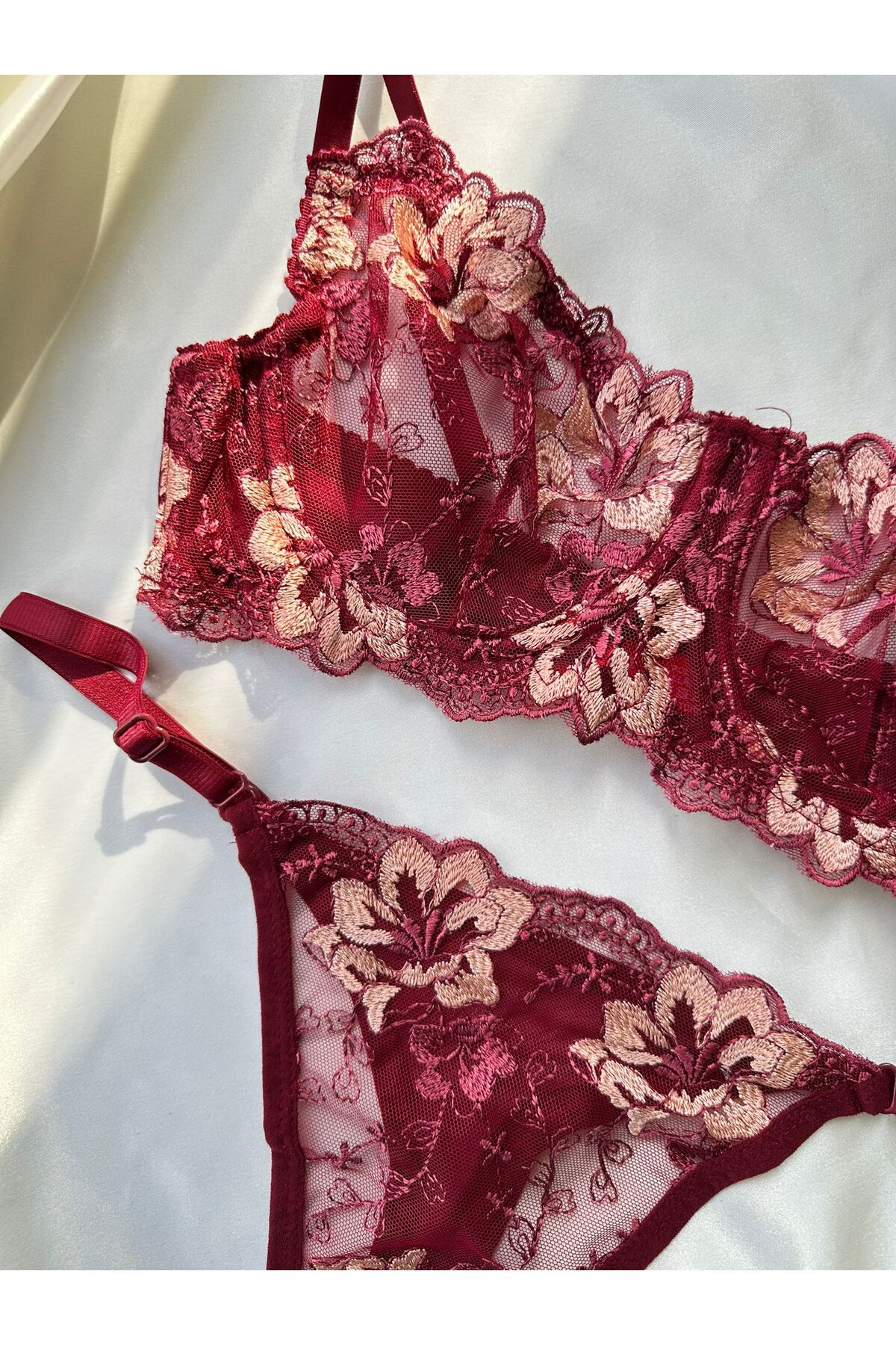 dem merys  Bordo Çiçekli Balenli Sütyen Takımı - Görsel 5