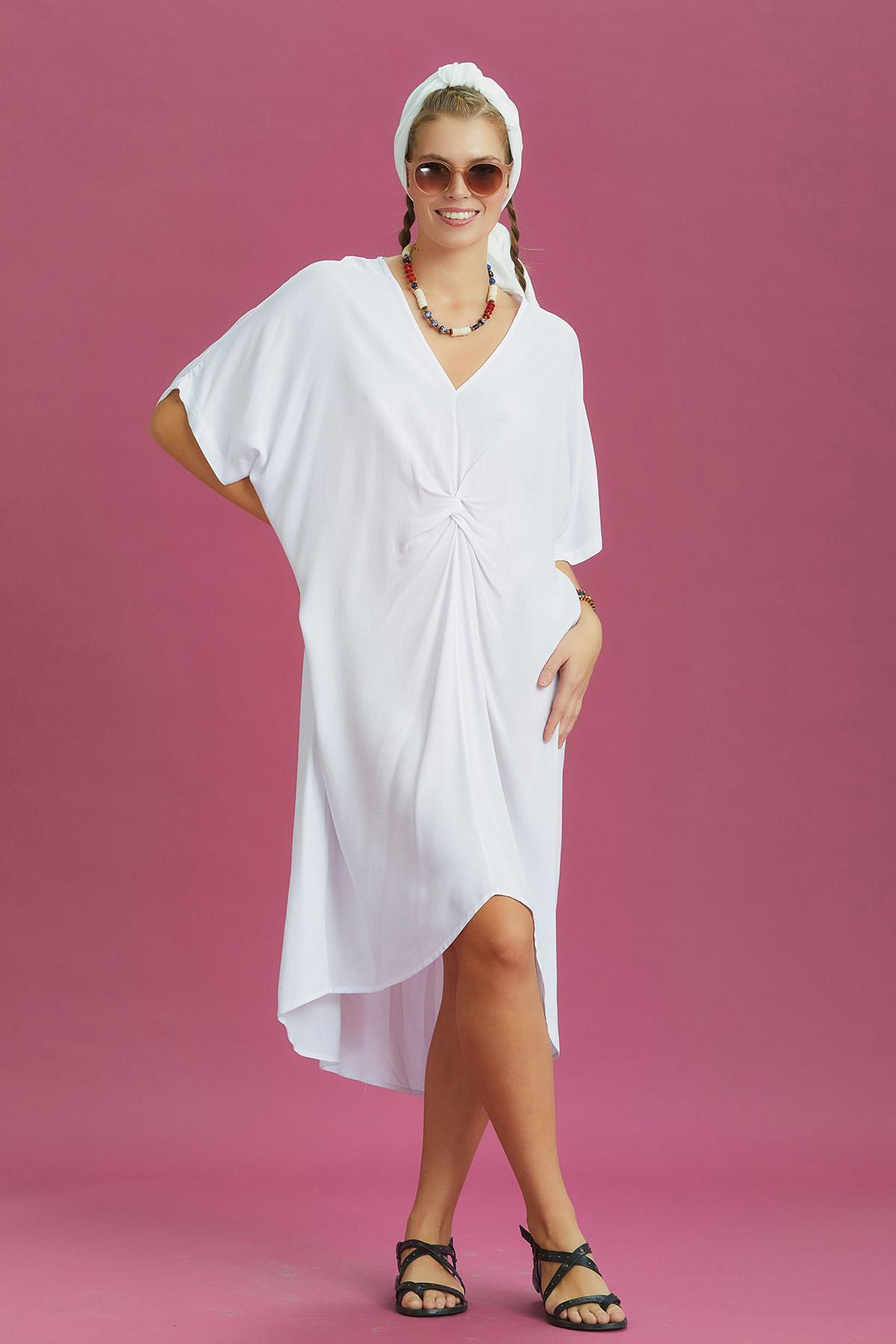 Los banditos-V-Neck Front Knotted White Bat Sleeve Dress 3