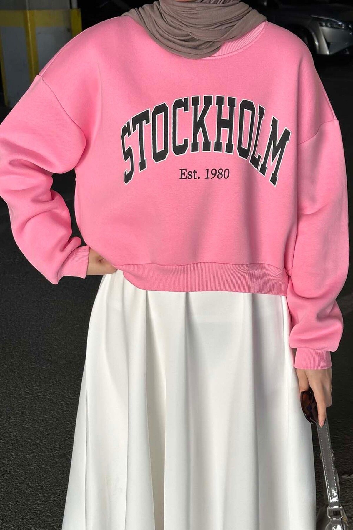 lamelif-Stockholm Print Detailed Crop Sweat Pink 4