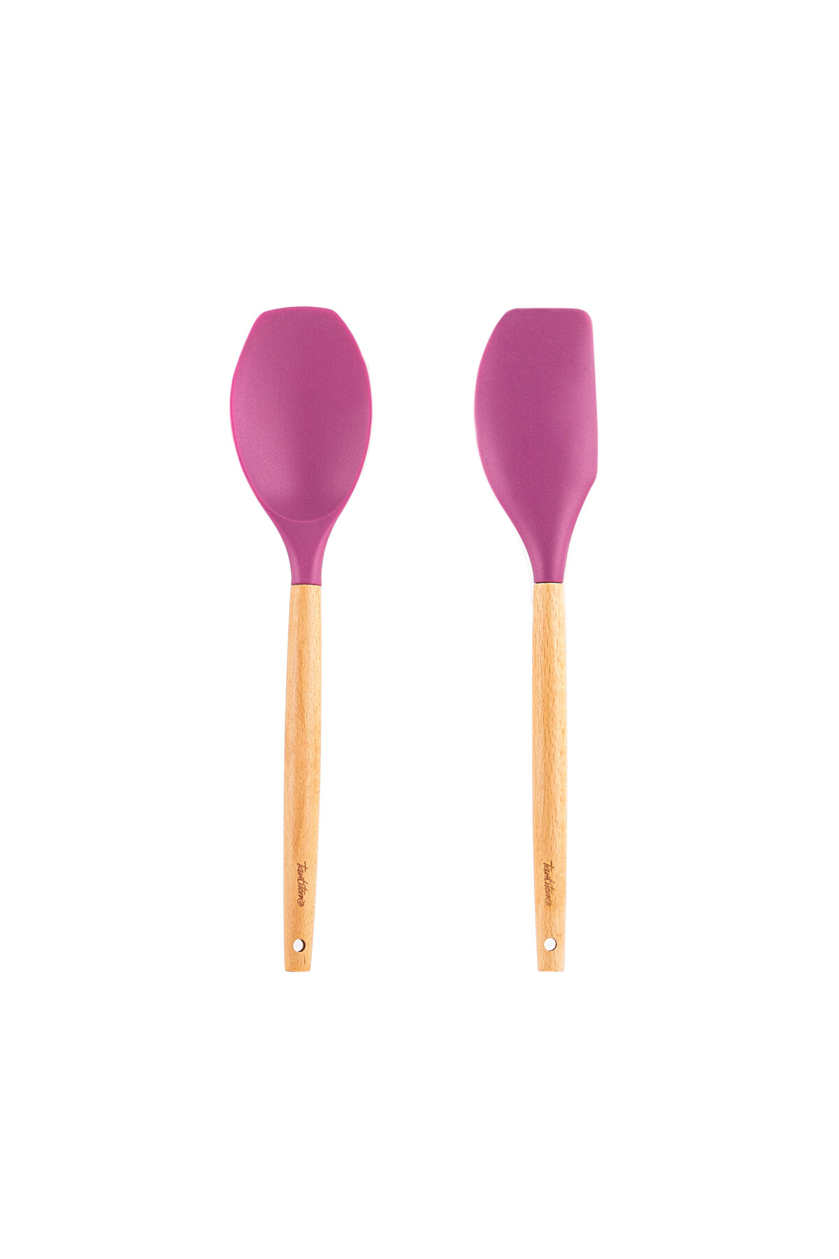 006-01 - CHERRY COLORED SILICONE LARGE SPOON AND SPATULA SET WITH BAMBOO HANDLE