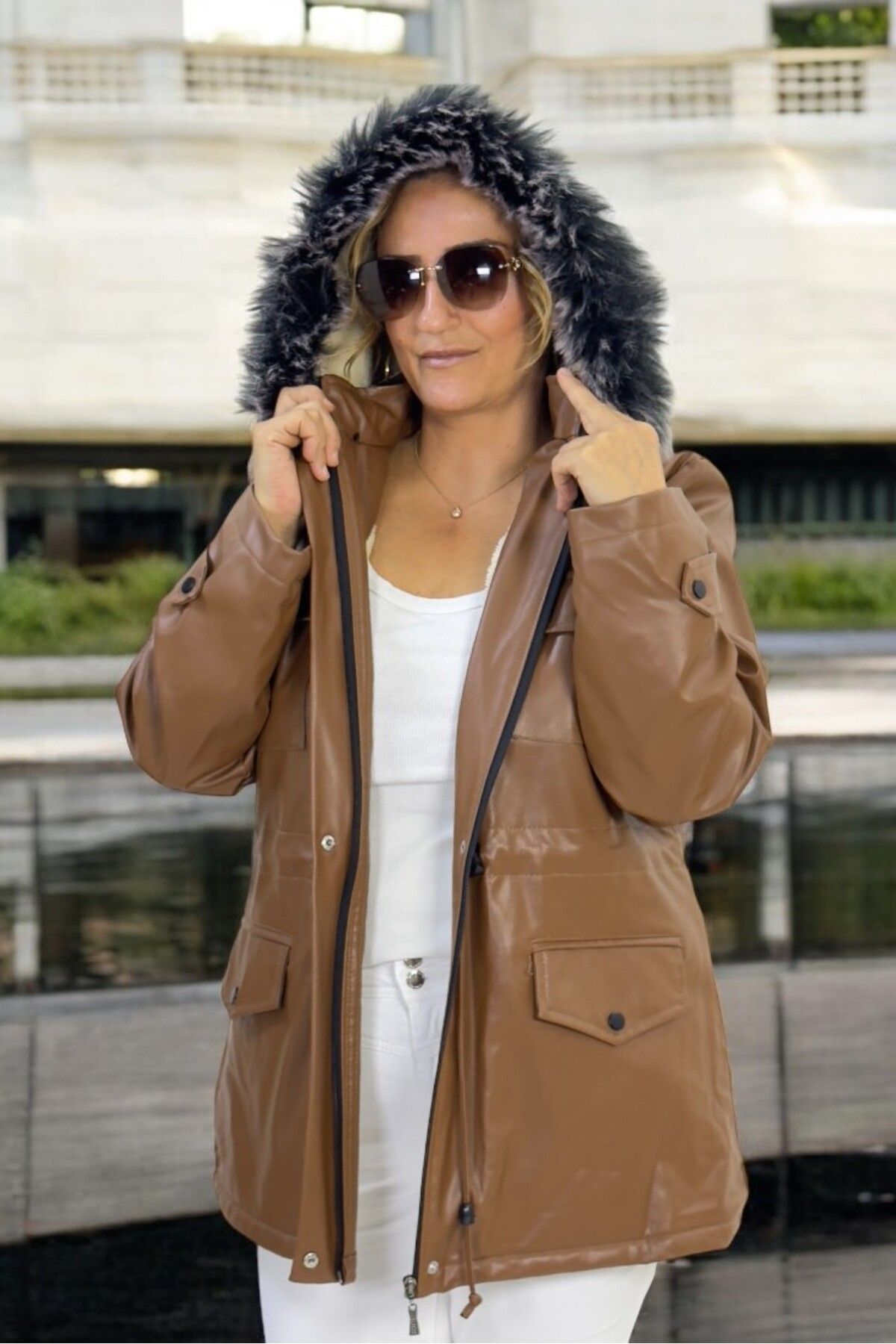 yagmurberen-Removable Hooded Fur Inside Large Size Leather Coat Coat 7