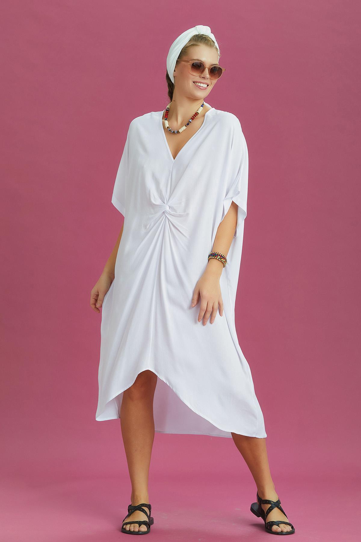 Los banditos-V-Neck Front Knotted White Bat Sleeve Dress 2