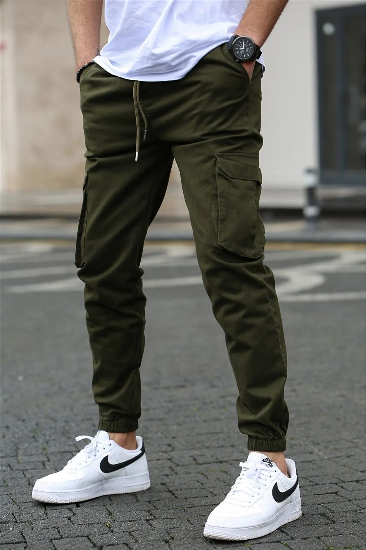 SERAZAT-Men's Khaki Green Cargo Pocket Pants 3