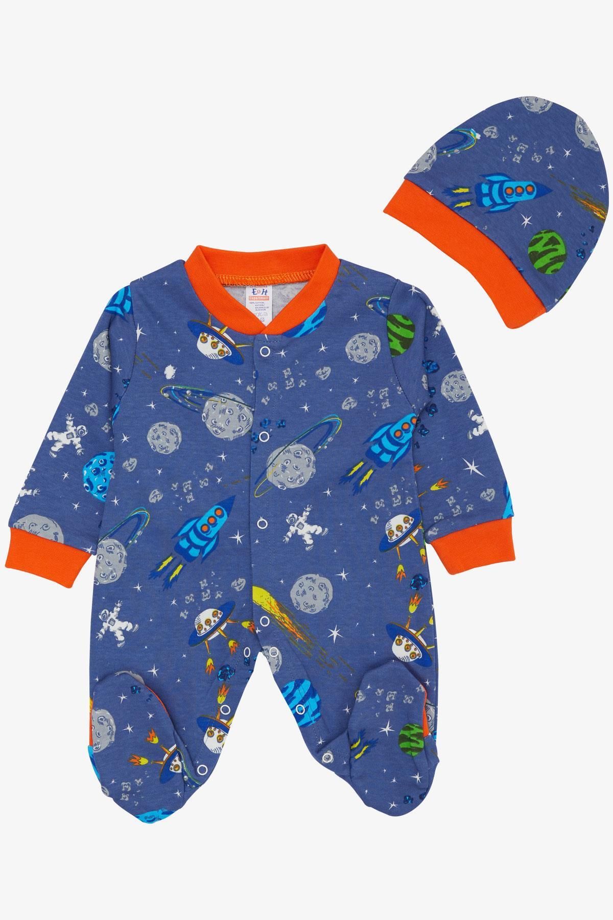 Breeze-0-6 Months Baby Boy Jumpsuit with Booties - Space Themed Pattern, Dark Blue 1