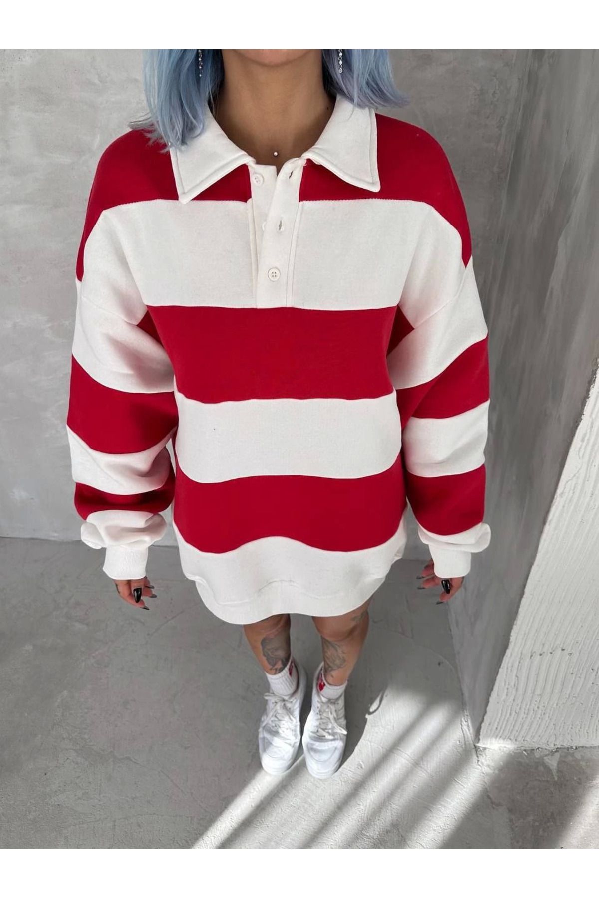 Pink Stil Unisex Üç İplik Parçalı Yakalı SweatShirt - Kırmızı Pink Stil