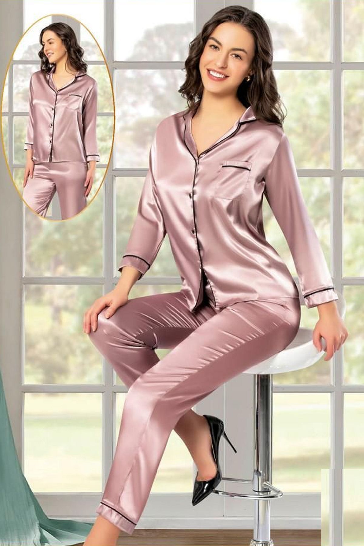 Xses-2105 Women's Long Sleeve Satin Pajama Set-mink 1