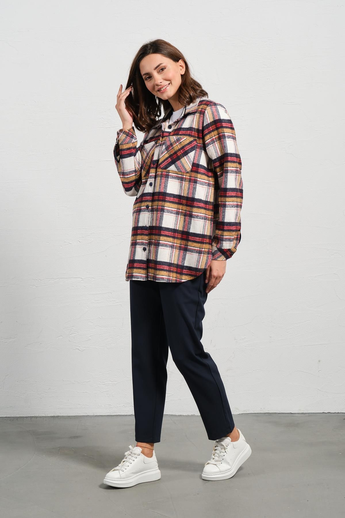 BUSA-Ecru Colored Maternity Lumberjack Shirt - Long Sleeve, Front Pocket 4