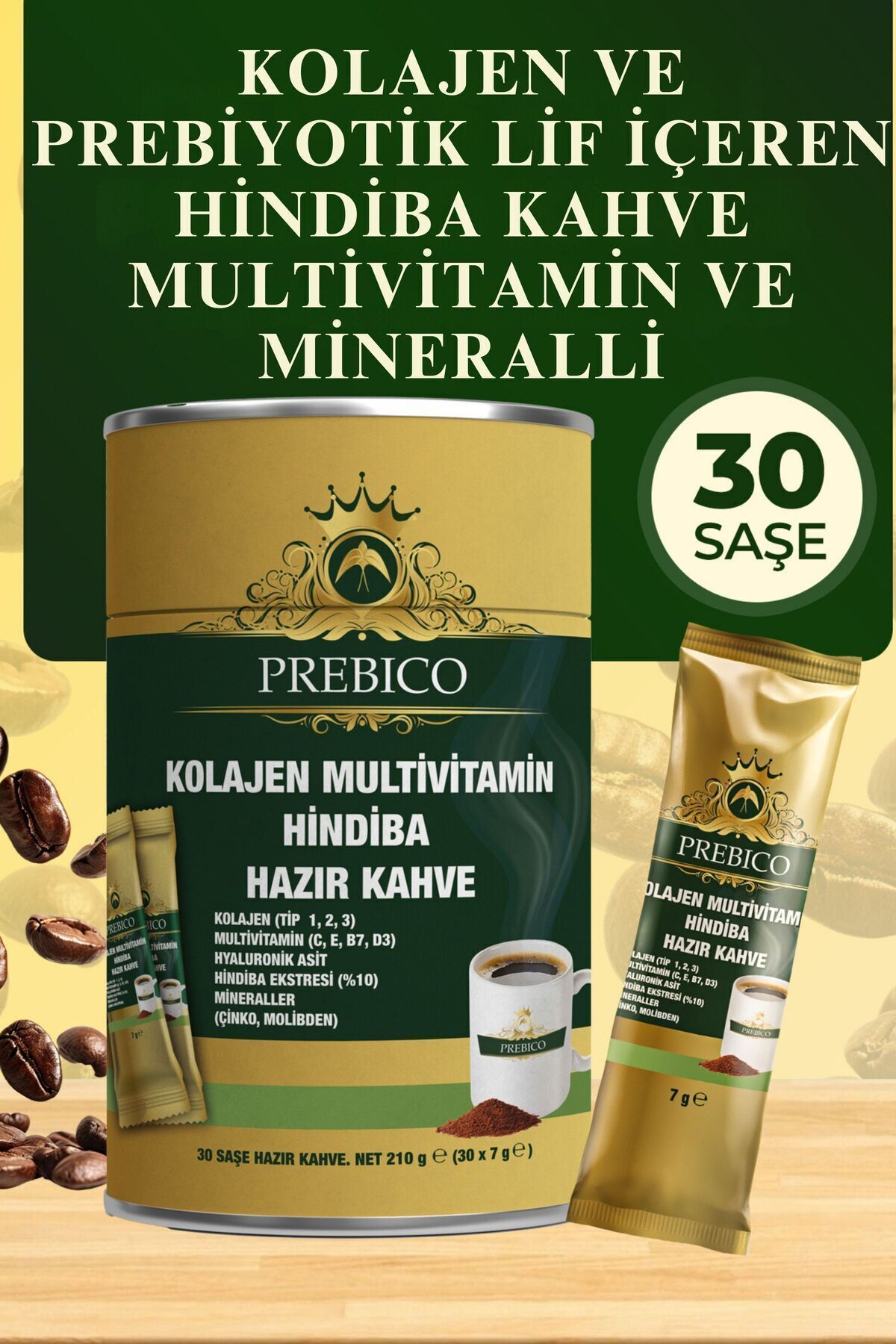 Prebiyotik Kolajenli Detoks Vitaminli (C,E,B7,D3) Ve Mineralli Hindiba Kahvesi 30 Lu