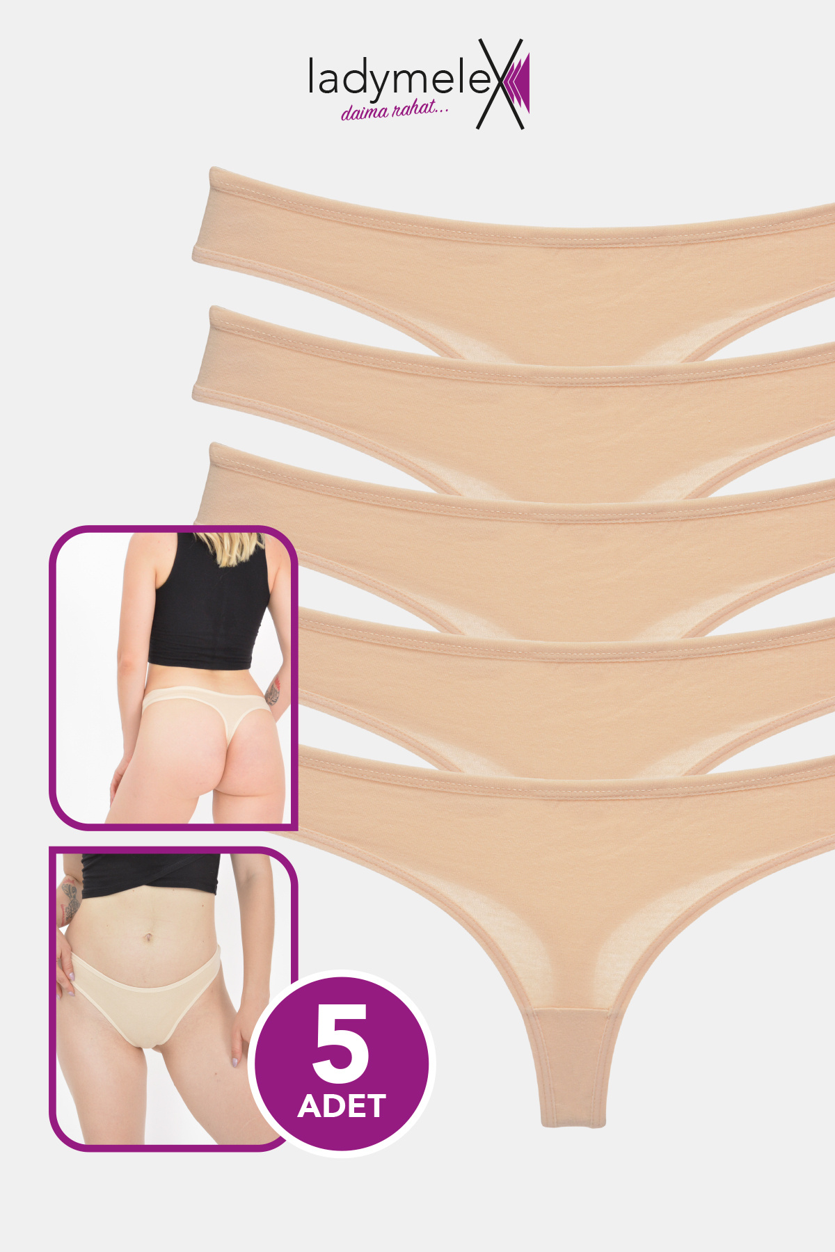 LadyMelex-Women's Thong, 5-Pack, Flesh Color Classic Thong, Daily Use, 100% Soft Fabric 1