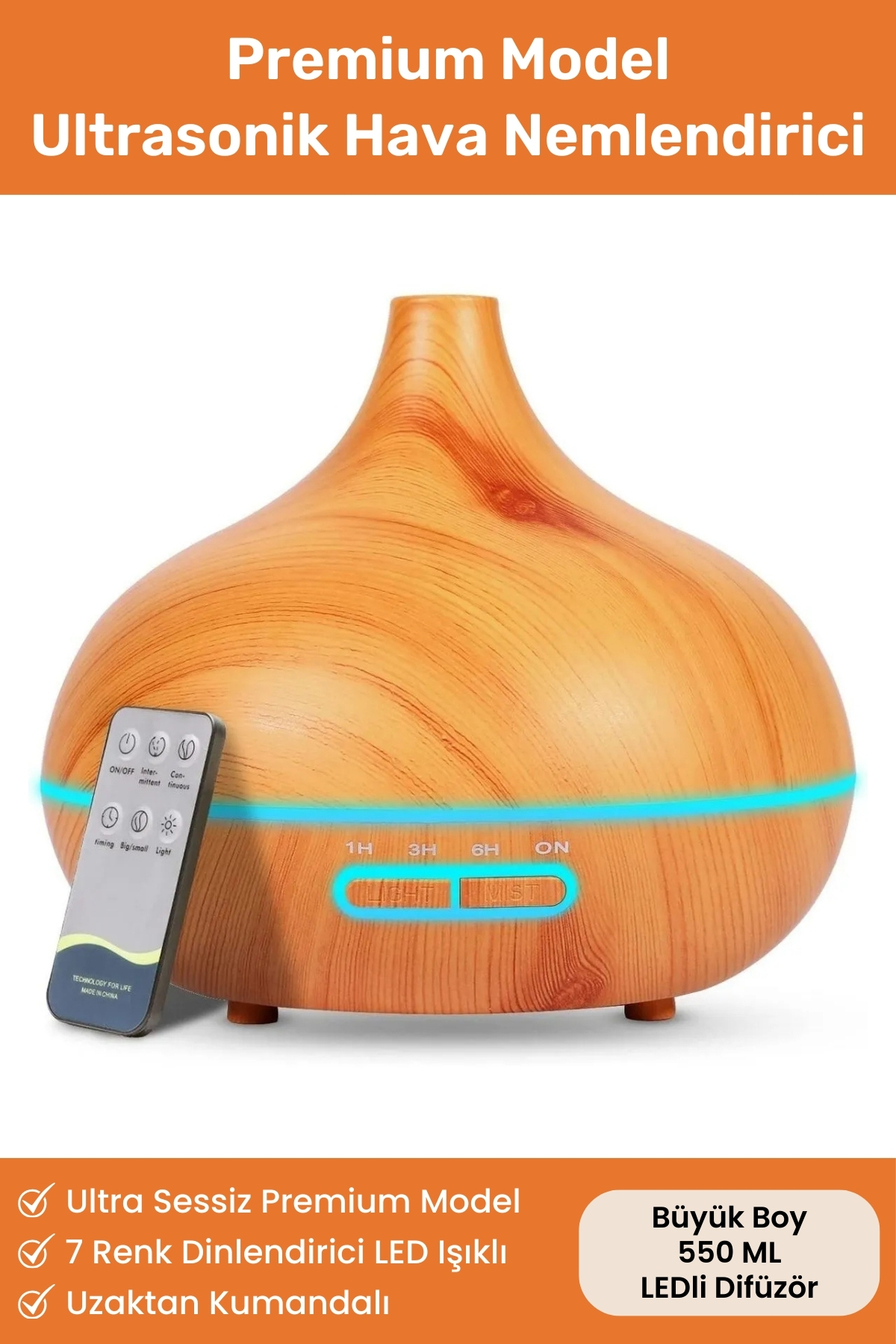 Ultra Sessiz Büyük 550 ML Ultrasonik Hava Nemlendirici 7 LED Gece Işığı Buhar Makinesi Aroma Difüzör