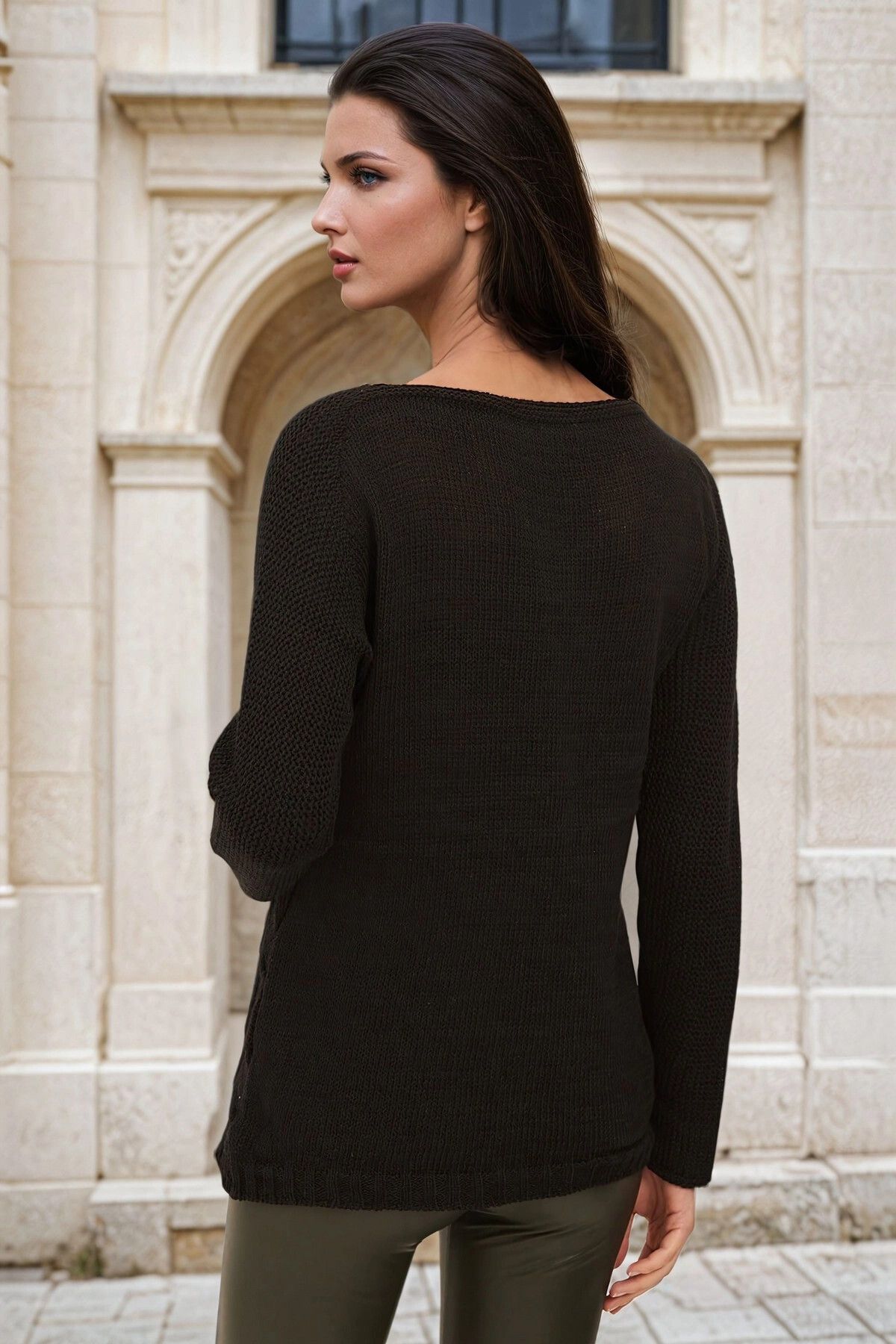 NEW LAVİVA-Black Round Neck, Classic Knitted Pattern, Knitwear Sweater 2