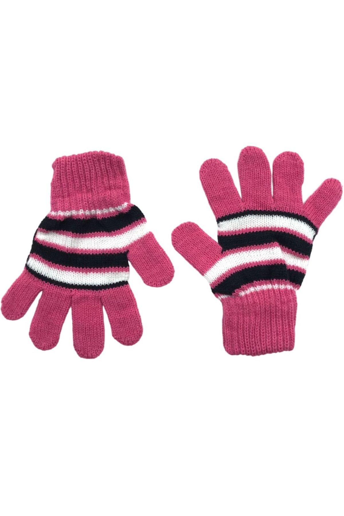 AXE SPORTSWEAR-Fuchsia and Black Striped Soft Knitwear Kids Gloves Glove - Winter Design 1