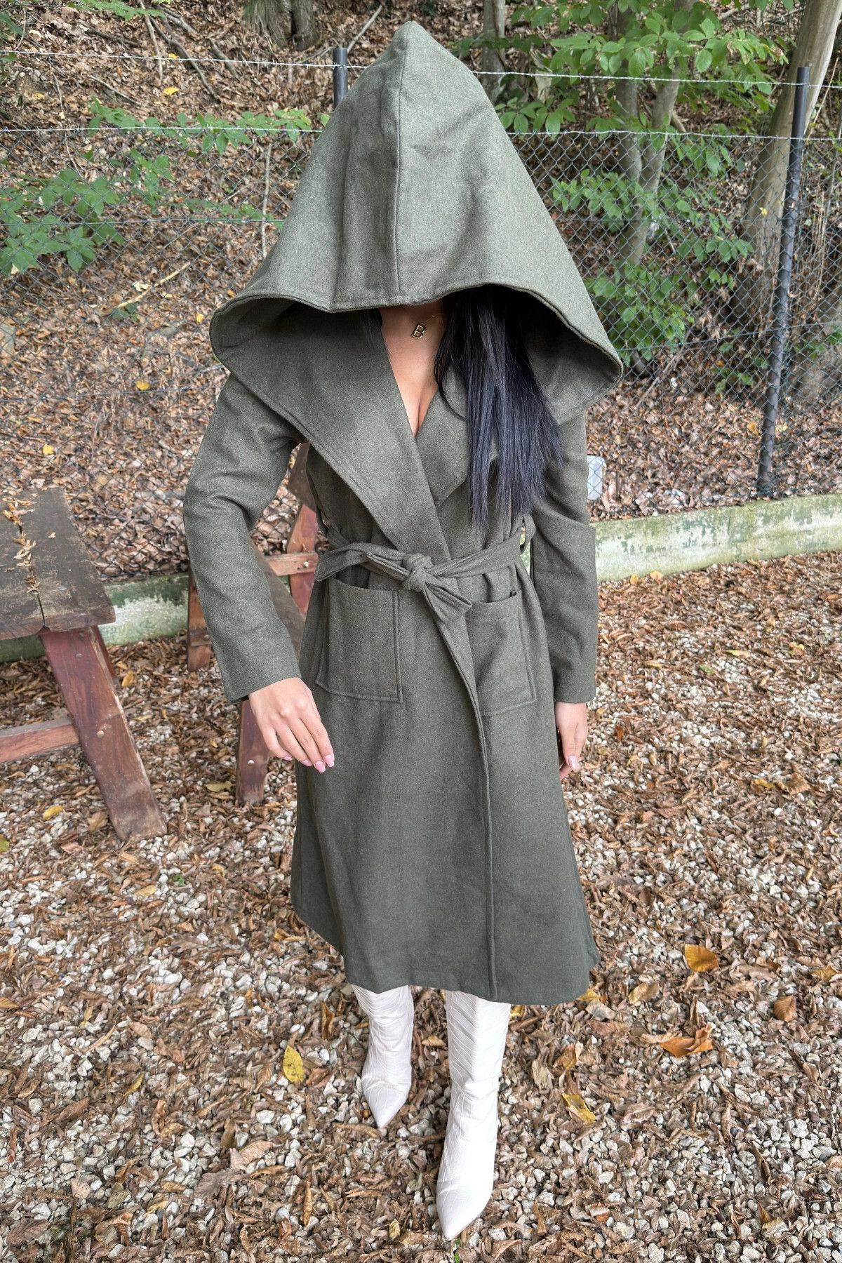 NEW LAVİVA-Khaki Stamp Coat - Double Breasted Neckline, Hood, Double Pockets and Waist Belt (No Lining) 5