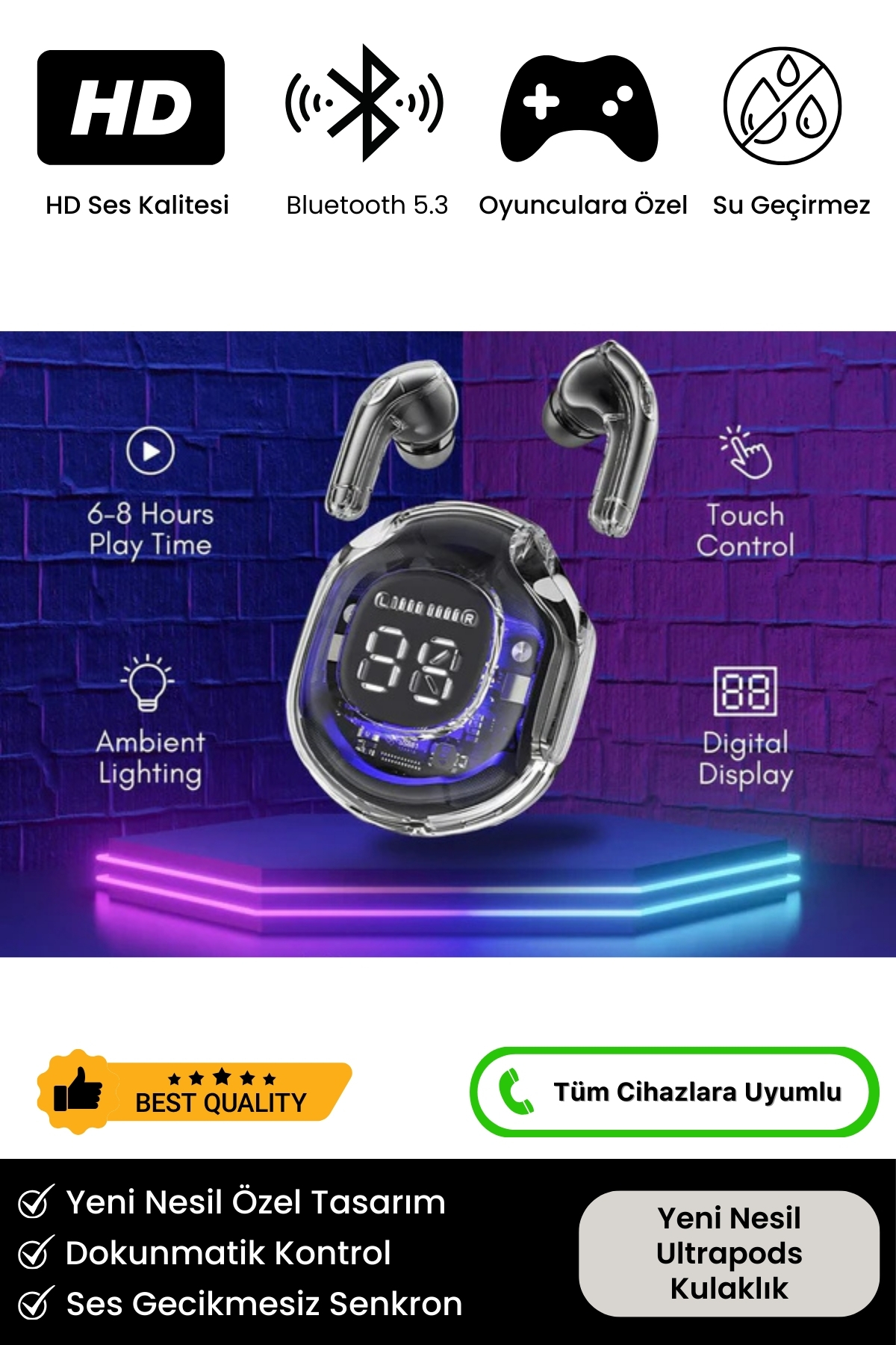 Yeni Nesil Ultrapods Pro 8D Stereo Ses Powerbanklı Ios Android Uyumlu Gaming Bluetooth 5.3 Kulaklık