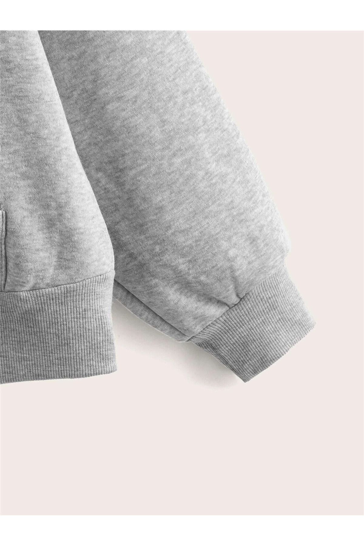 Pink Sky kimseye güvenme ön baskılı gri kapüşonlu sweatshirt görsel 3