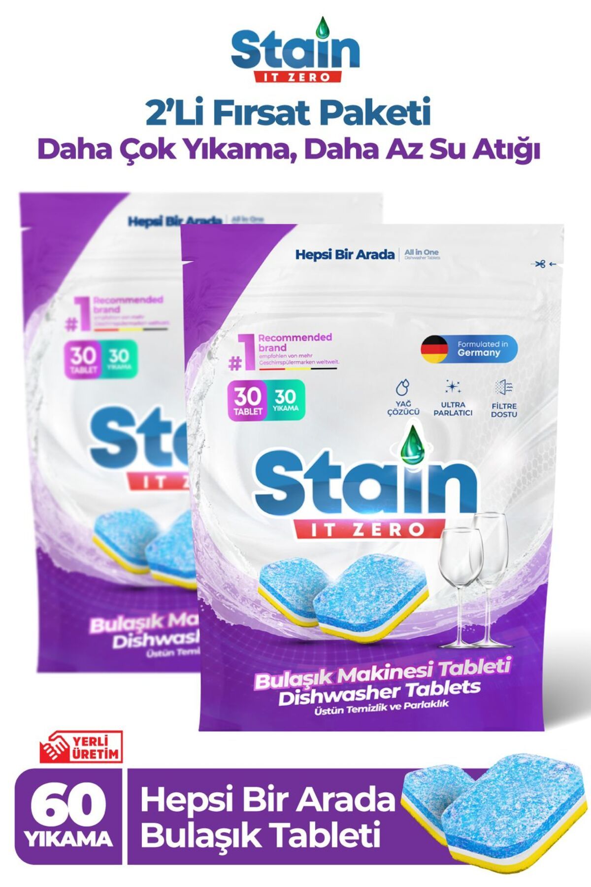 Stain İt Zero Hepsi Bir Arada Bulaşık Makinesi Tableti & Güçlü Temizlik Üstün Parlaklık- 60 Yıkama