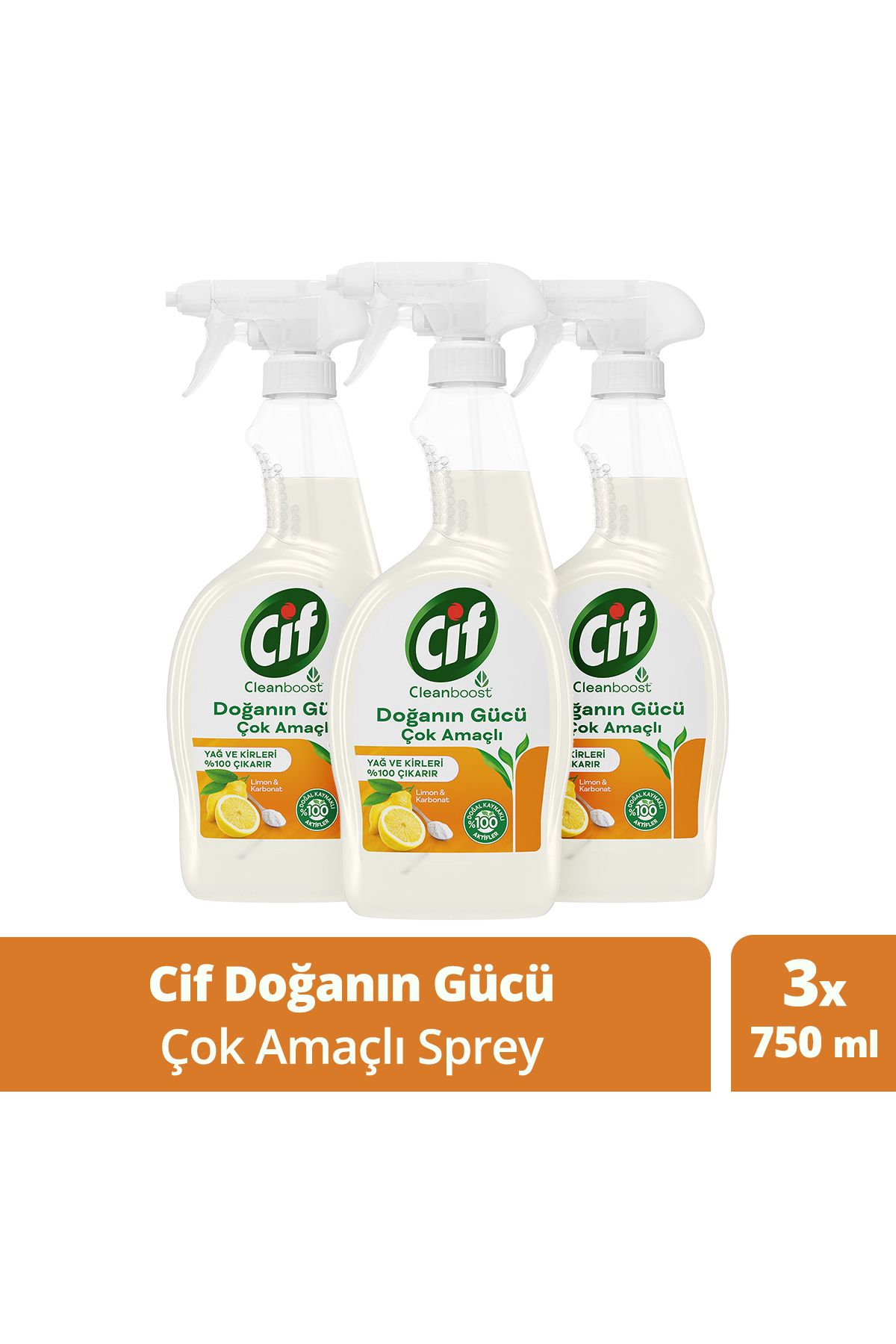 Cif Doğanın Gücü Çok Amaçlı Yüzey Temizleyici Sprey Yağ Ve Kir Leke Çıkarıcı Limon&karbonat 750mlx3