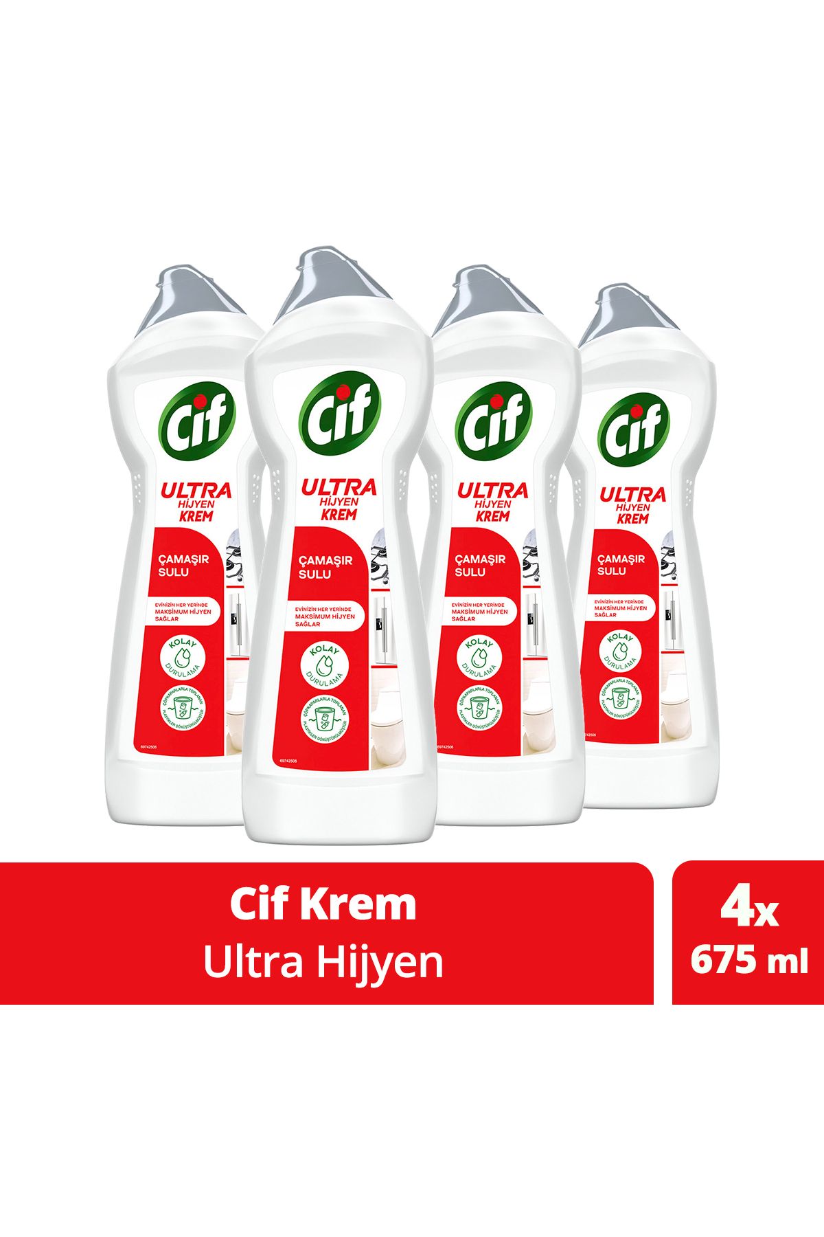 Cif Krem Yüzey Temizleyici Çamaşır Suyu Katkılı Ultra Hijyen 675 ml 4 Adet