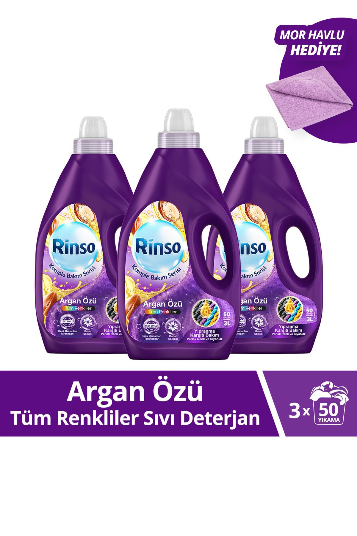 Rinso Sıvı Çamaşır Deterjanı Komple Bakım Serisi Argan Özü 3l X3 Mor Havlu Hediye