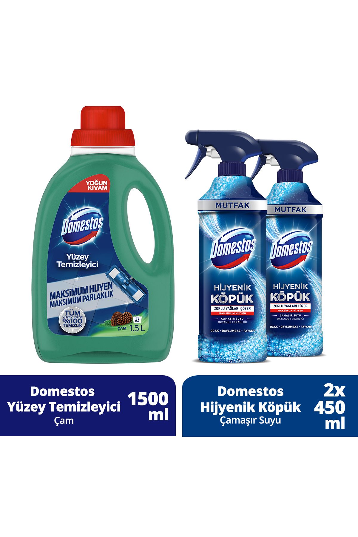 Domestos Yüzey Temizleyici Çam 1500 Mlx1 Hijyenik Köpük Çamaşır Suyu Mutfak Okyanus 450mlx2