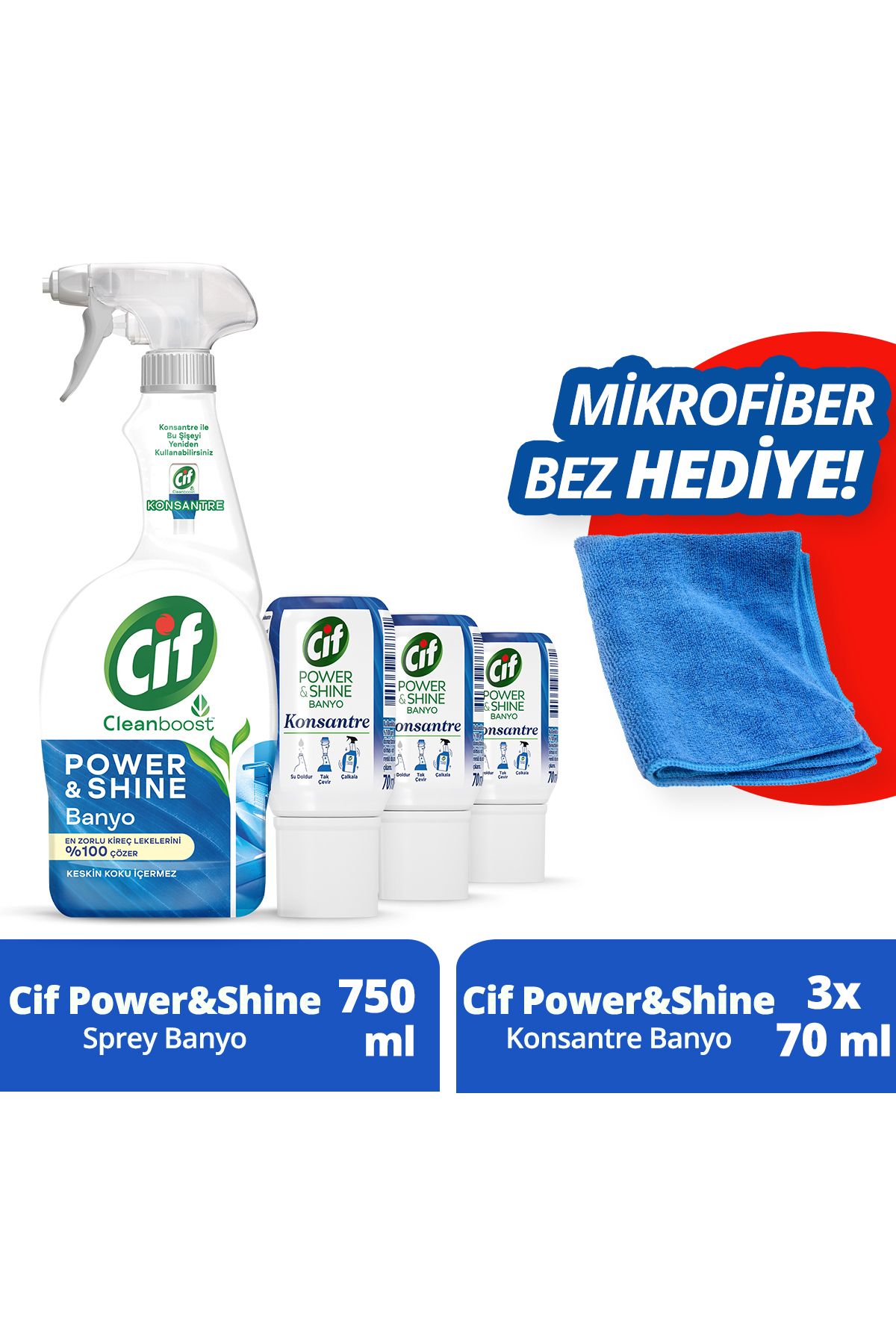 Cif Power Shine Cleanboost Sprey Kireç Çözücü 750ml X1 Konsantre Banyo 70ml X3 Mikrofiber Bez