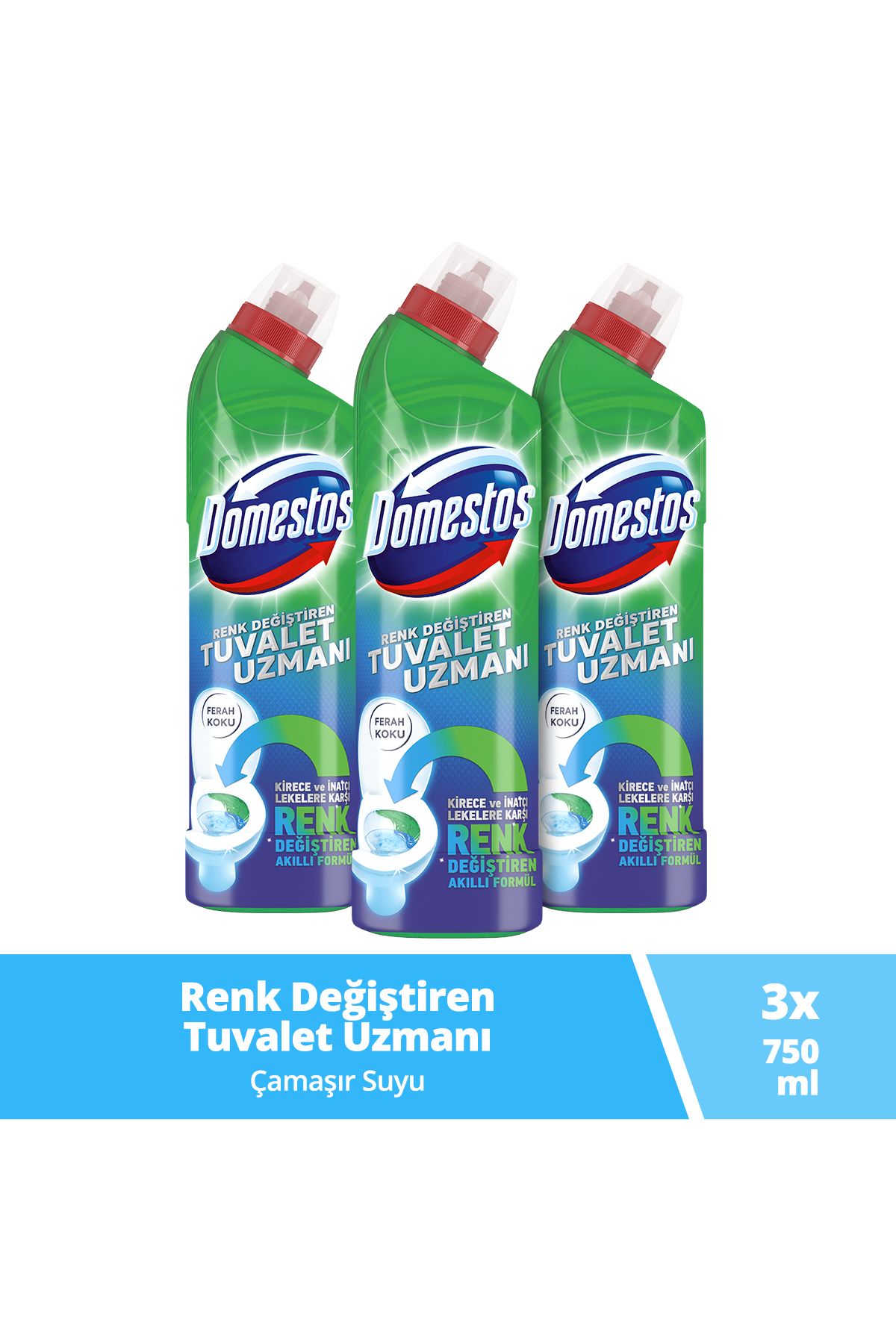 Domestos Tuvalet Temizleyici Renk Değiştiren Tuvalet Uzmanı Kireç Çözücü 750 ml 3 Adet