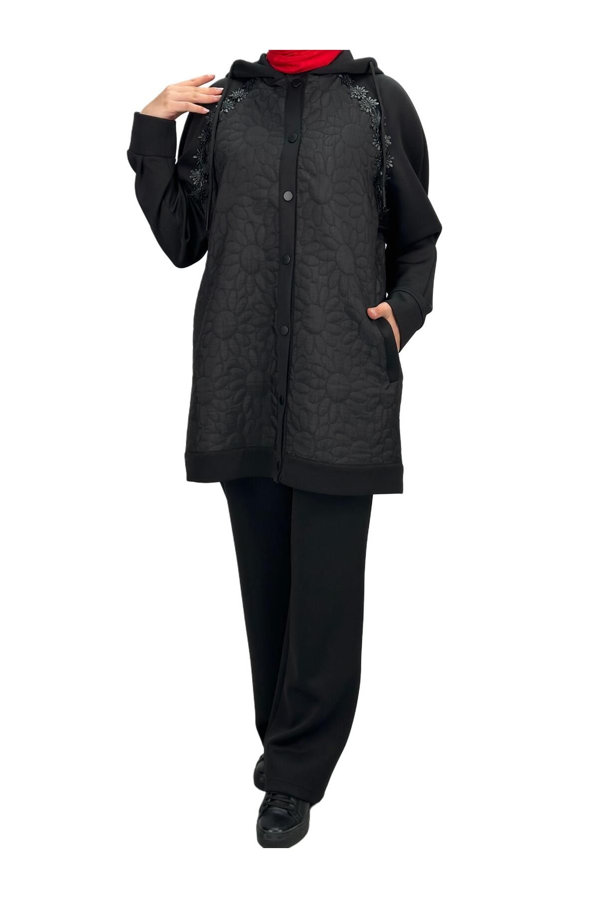 ottoman wear-Black Plus Size Pants Set - Otw6055 2