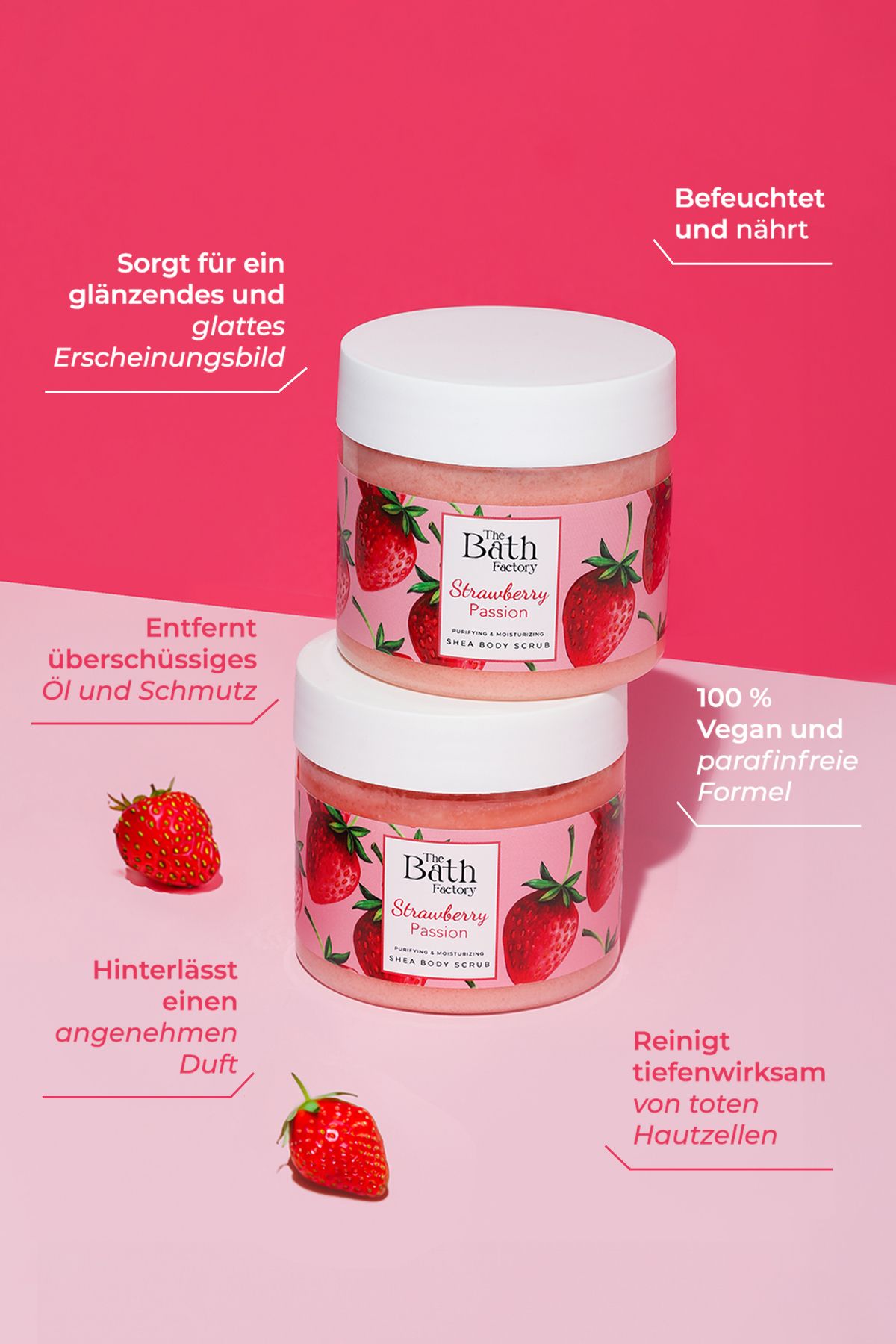 THE BATH FACTORY-Feuchtigkeitsspendendes und reinigendes Shea-Körperpeeling - Erdbeergeschmack 300gr 3