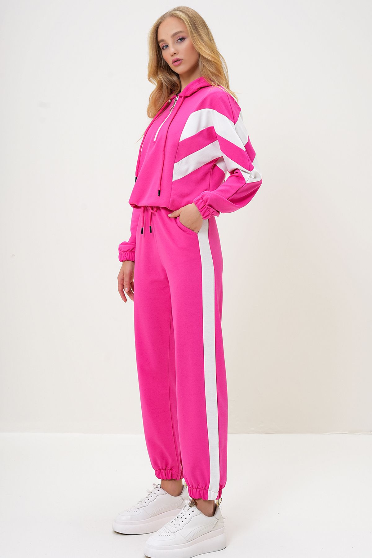 Trend Alaçatı Stili-Set de trening pentru femei, fucsia, cu glugă, cu jumătate de fermoar, cu picior elastic ALC-X13092 4