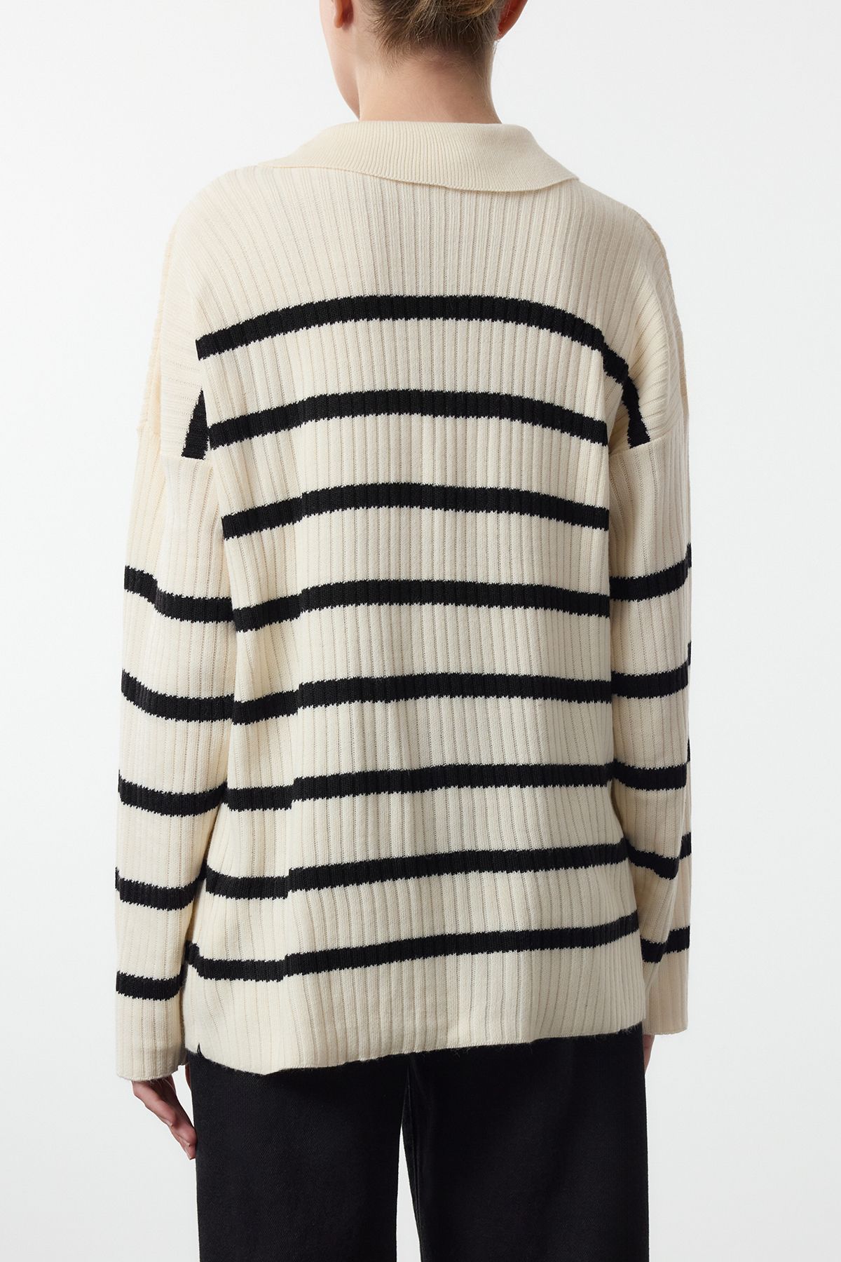 Edit by Trendyol-Ecru Striped Polo Collar Knitwear Sweater Tedaw25Kz00045 4