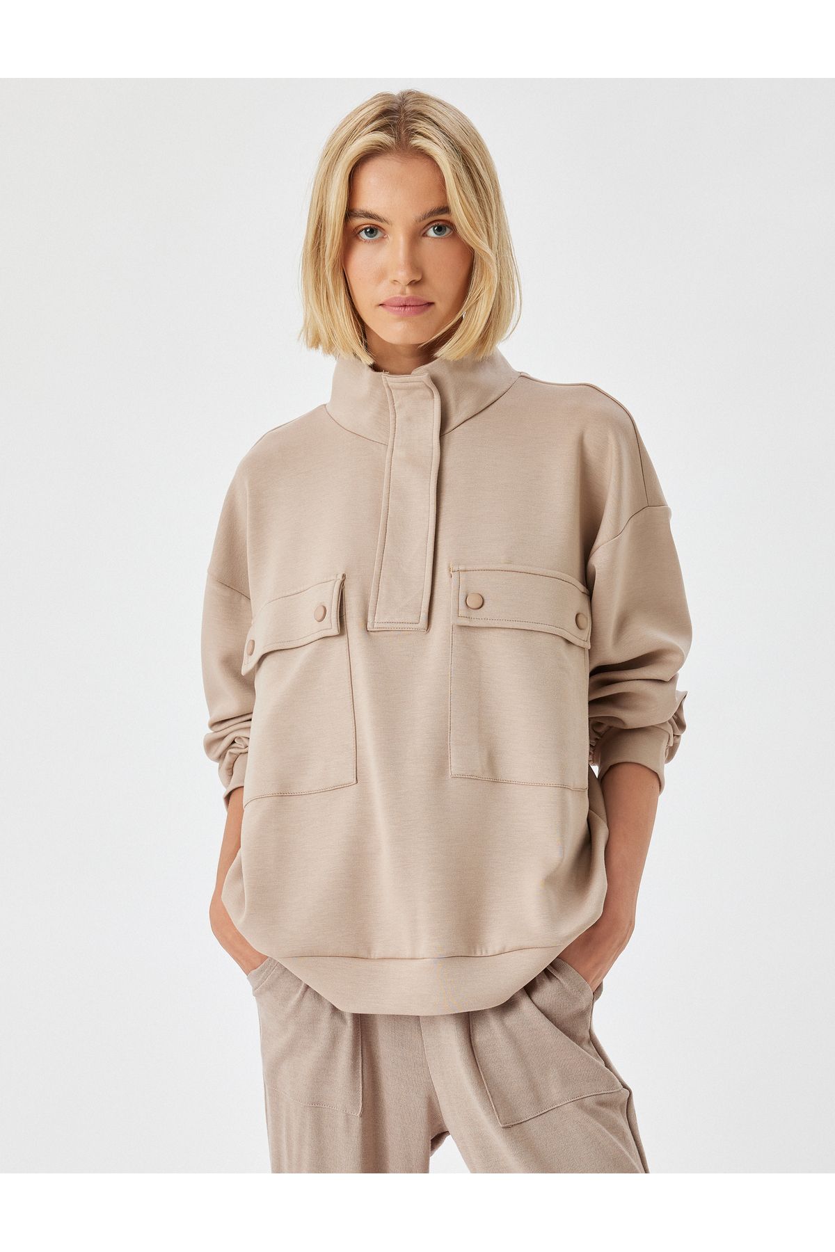 Koton-stand Collar and Flap Pocket Detailed Knitted Sweatshirt Pajama Top 3